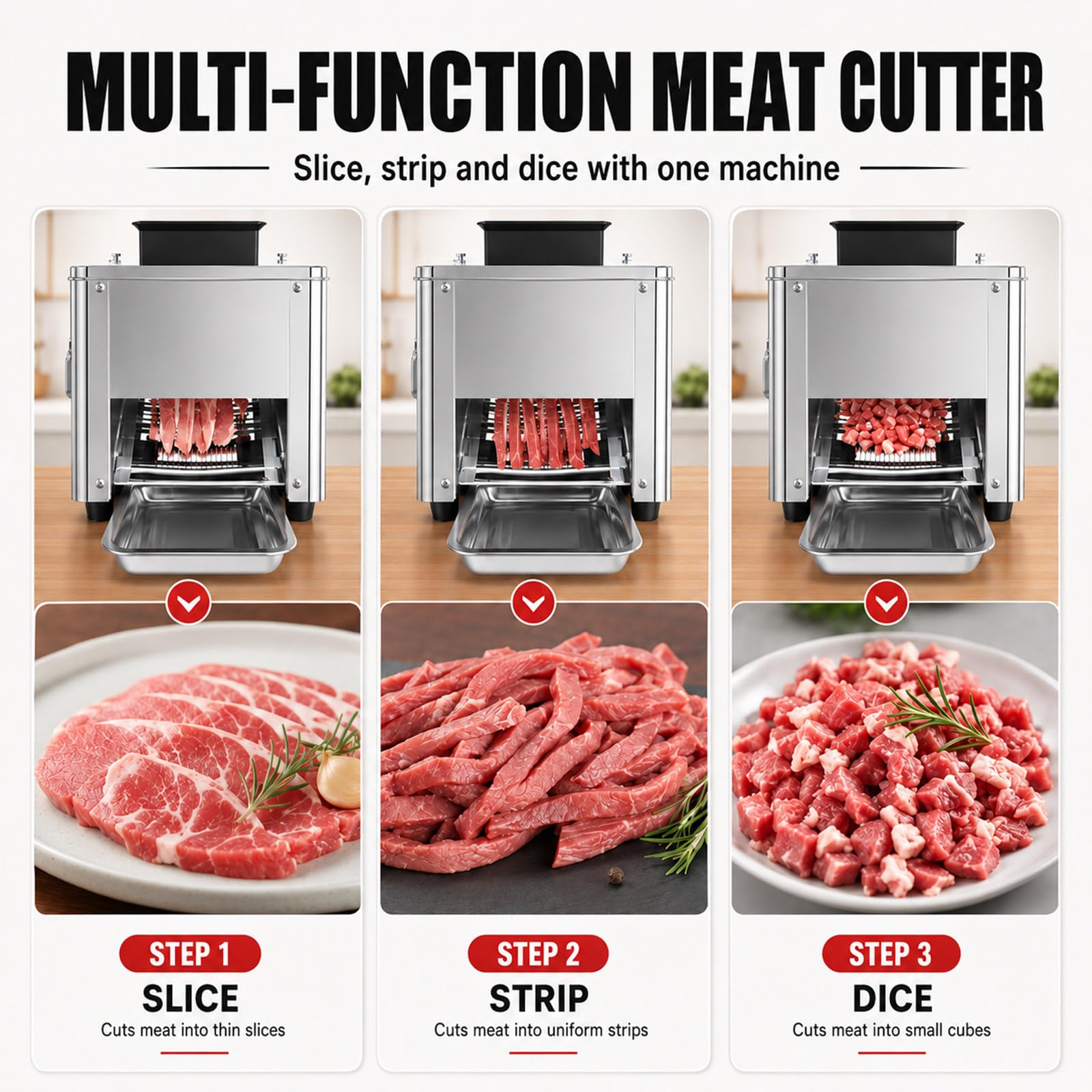 Cortadora de Carne para Cocina Profesional, 850W, Reduce el Tiempo de Corte Manual, Acero Inoxidable para Restaurante, Catering, Carnicería y Uso Diario 10mm