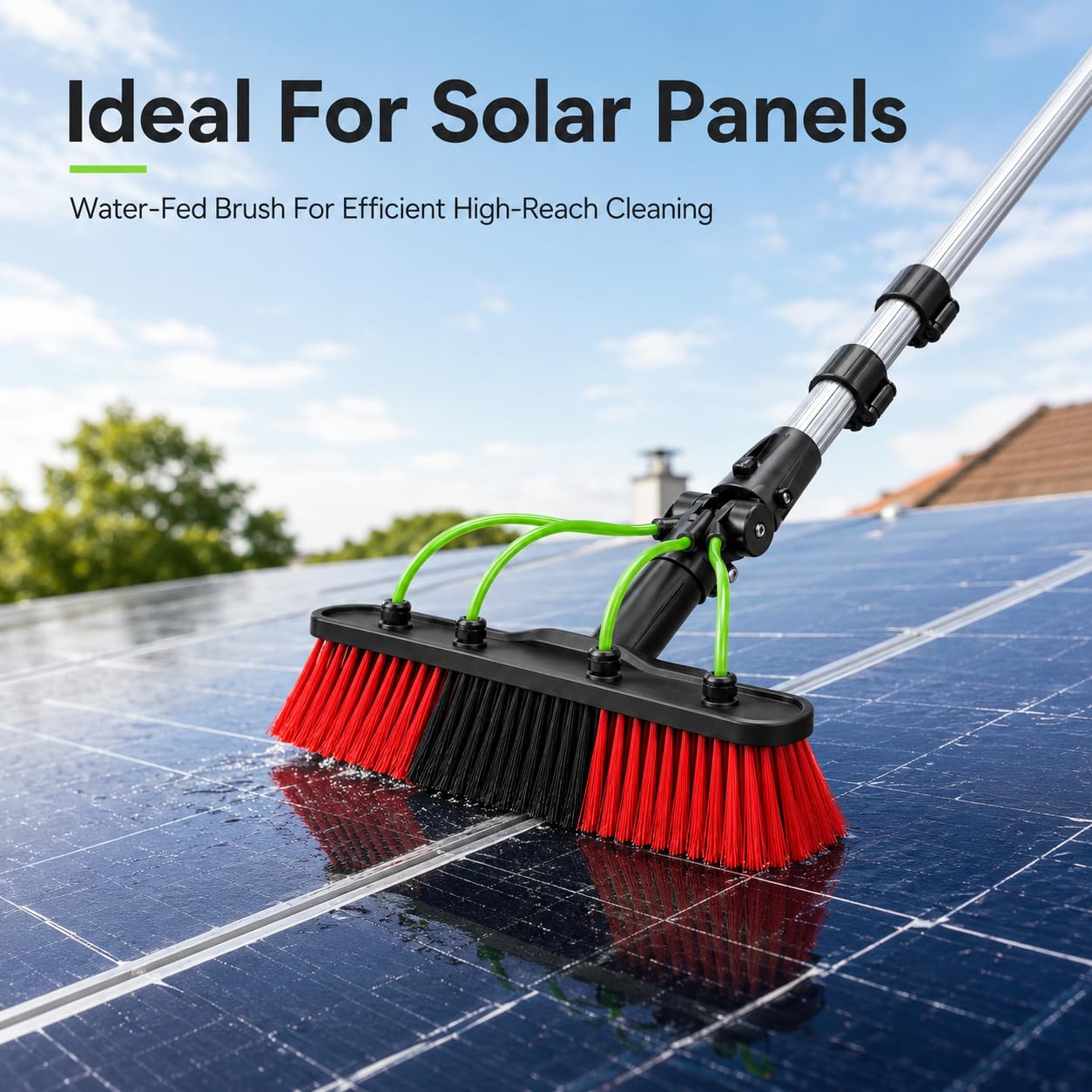 Barra telescópica de limpieza de ventanas de 16 pies con extensión alimentada por agua y cepillo de goma para paneles solares, invernaderos, cabezal de cepillo de 50 cm, alcance de 8 m