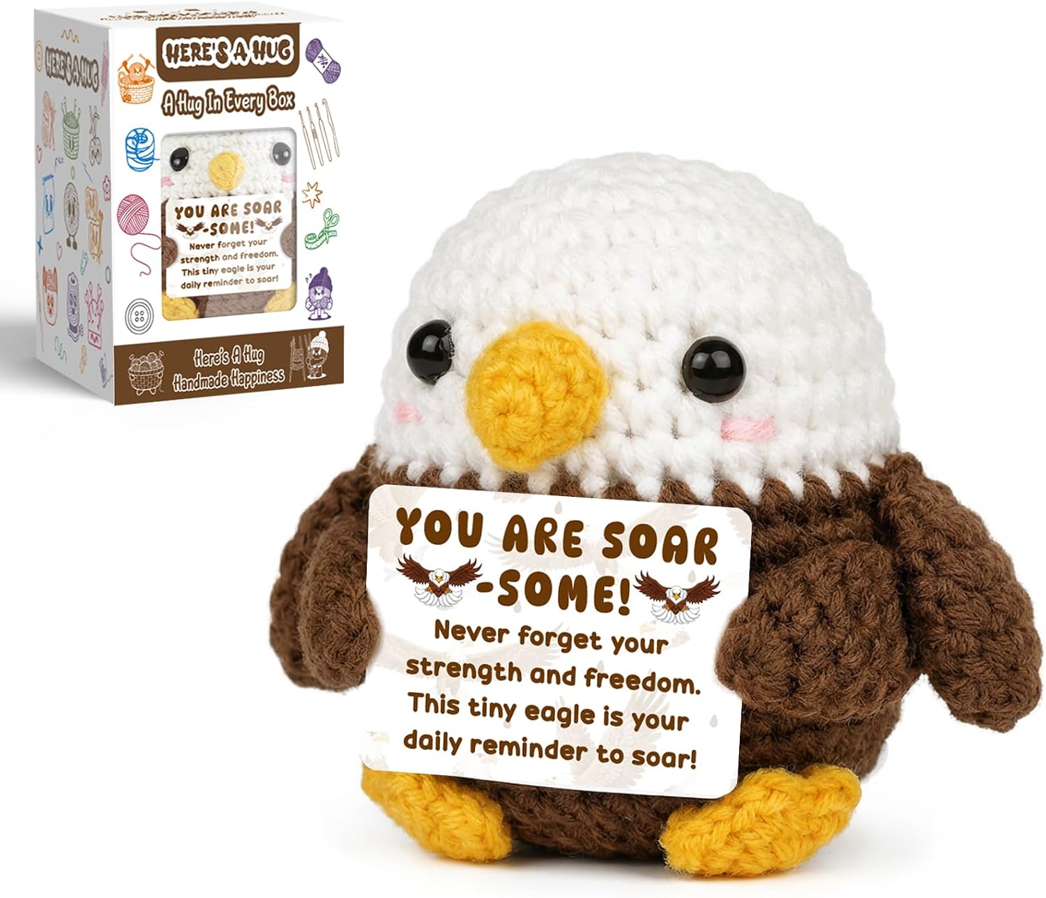 Positive Crochet Bald Eagle Emotional Support Plush with Gift Box - Funny Graduation Birthday Gifts for Women Men - Inspirational Encouragement Desk Decor Easter Basket Stuffer Teacher Appreciation