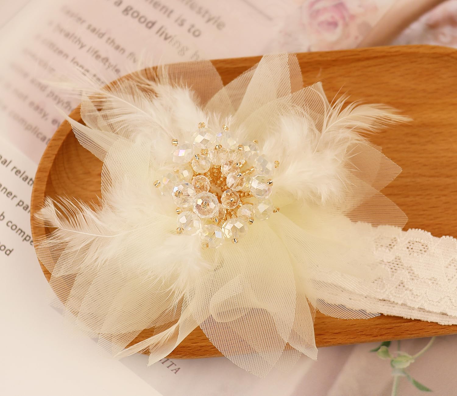 Bethynas Baby Mädchen Spitze Feder Stirnband Perlen Gaze Blume Elastisch Kleinkind Haarband Geburtstag Party Prinzessin Haarschmuck für Neugeborene Säugling (Weiß)