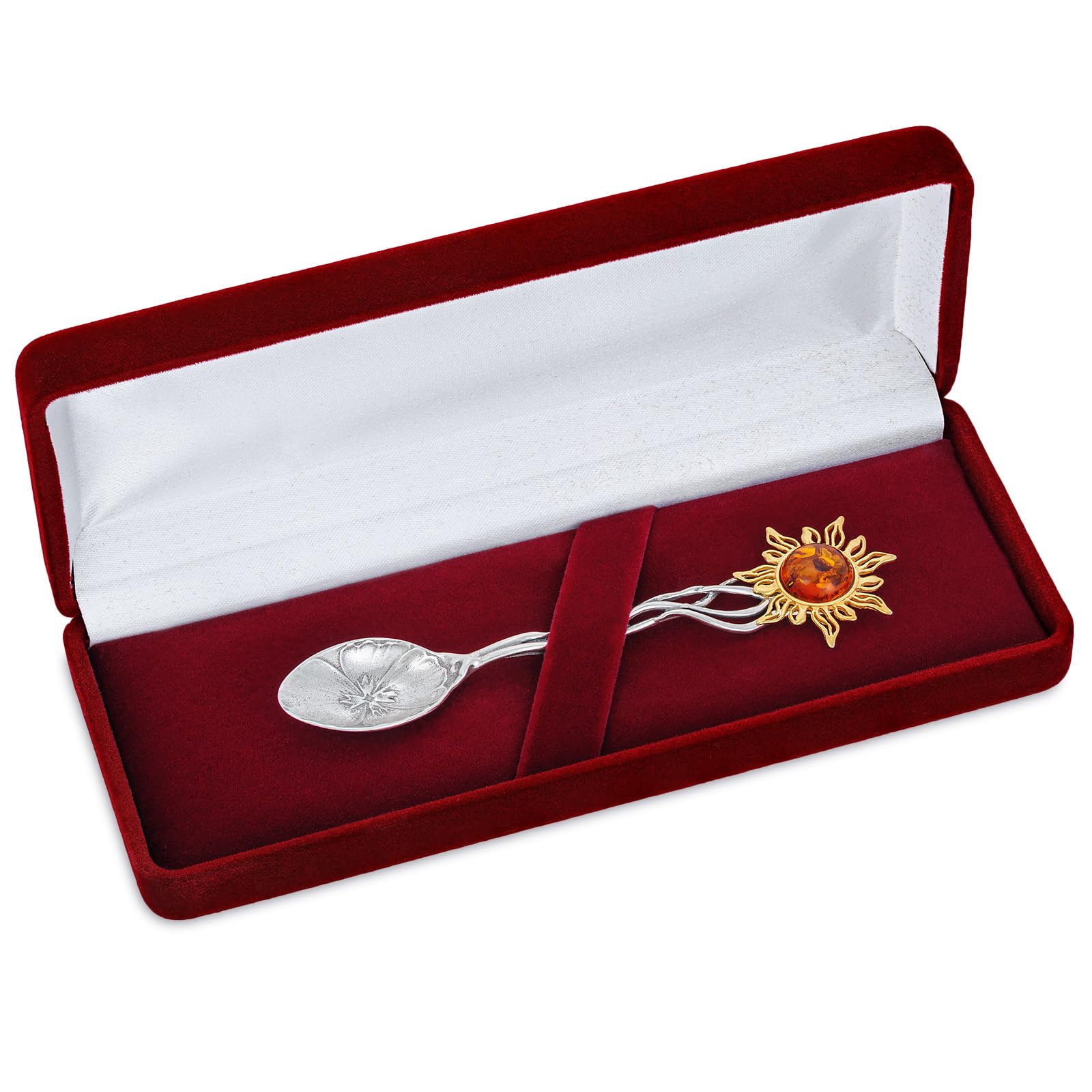 Silberlöffel mit Bernstein 925 Silber mit vergoldeter Sonne – Taufgeschenk, Erster Geburtstag, Dekoratives Andenken inkl. Etuit garantiert