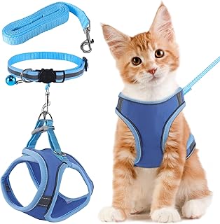 FIHODONE Katzengeschirr mit Katzenleine Katzenhalsband,Katzengeschirr mit Leine Ausbruchsicher,Cat Harness Verstellbar,Katzenleine mit Geschirr für Katzen Orange mit Reflexstreifen (L, Blau) product image