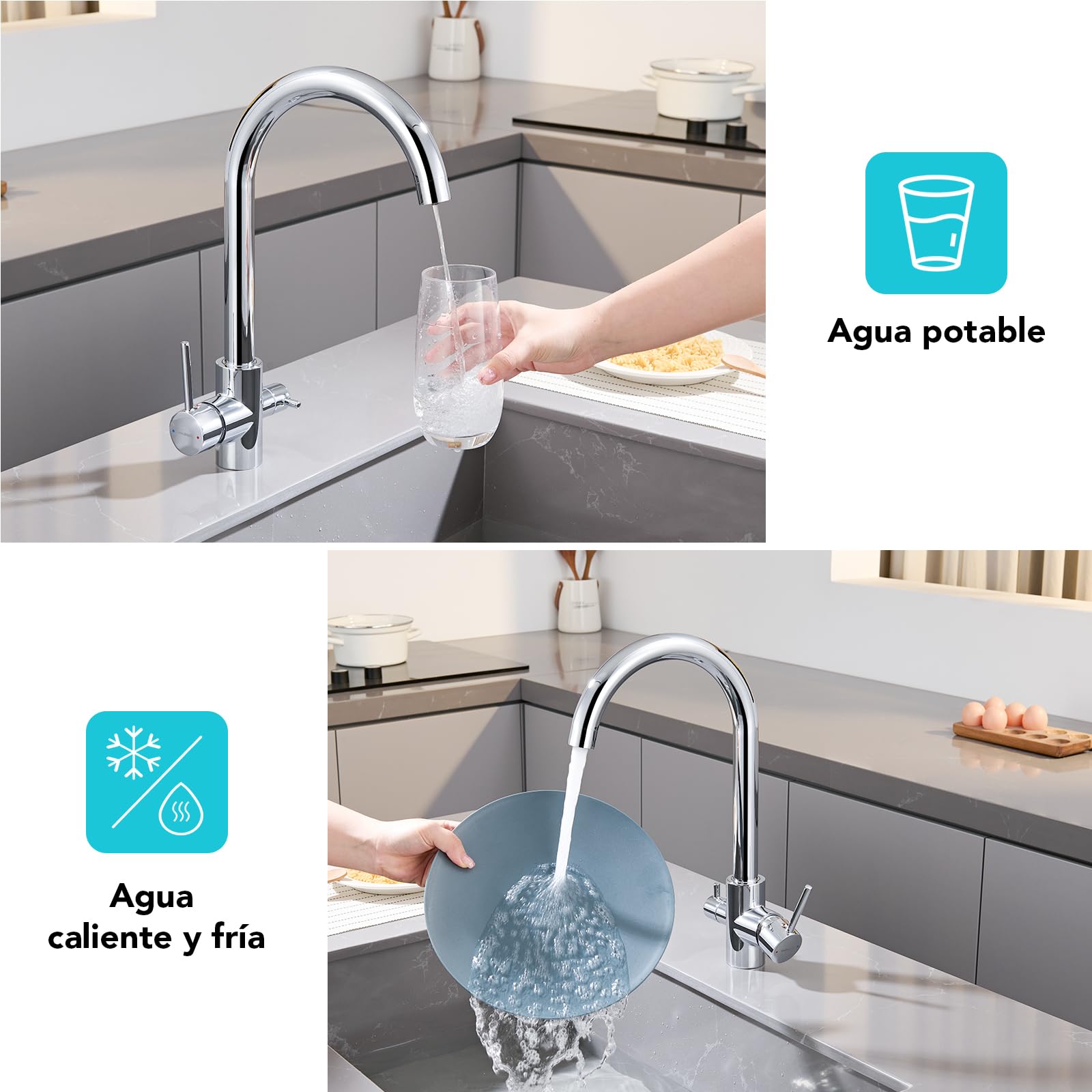 Grifo de Cocina 3 Vías, Grifo Mezclador de Tres Vías para Filtros de Agua