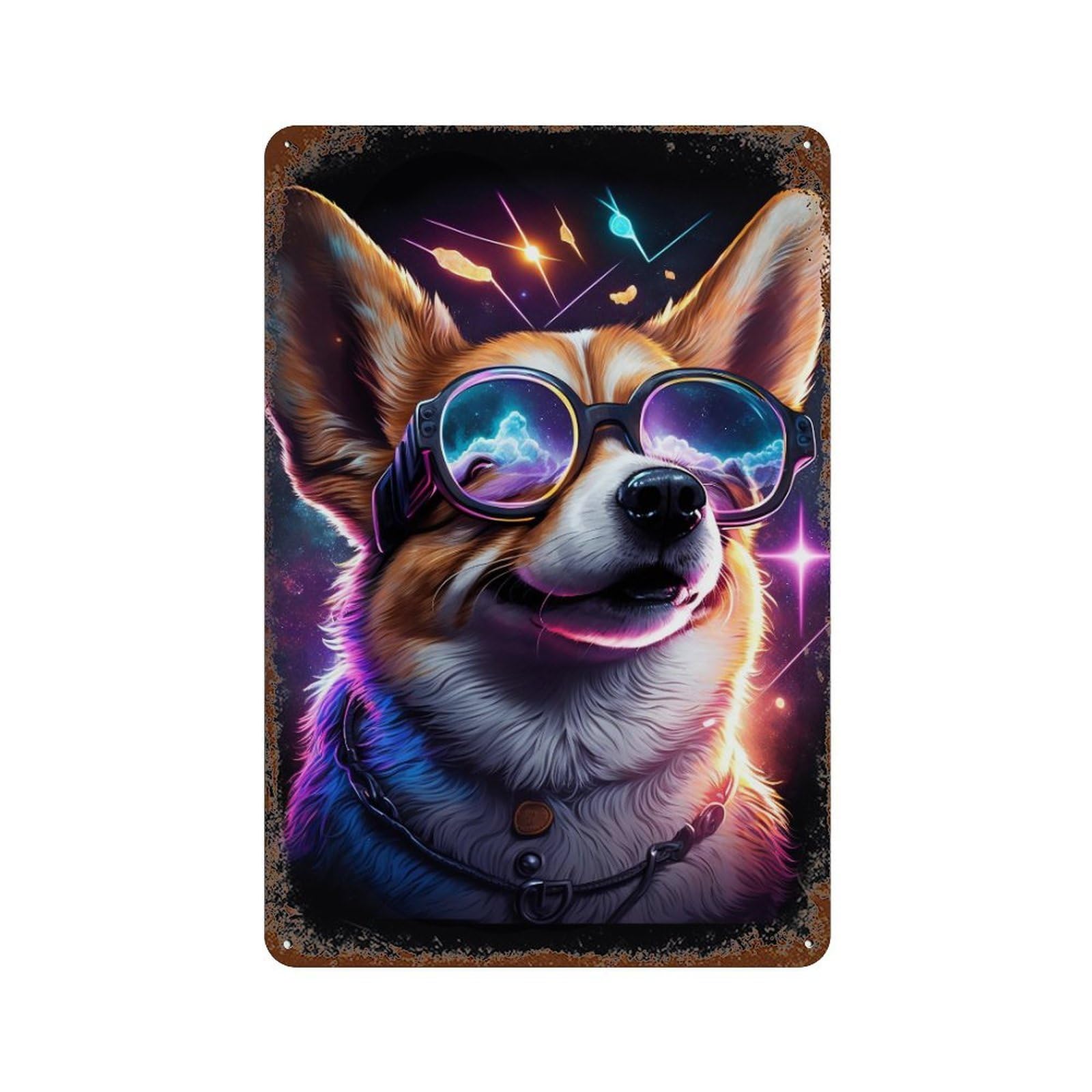 Rust Effect Cosmic Corgi Glasses-1 Retro Metal Sign 11.8"x7.9", Farmhouse Wall Decor for Living Room, Hallway And Home Decor