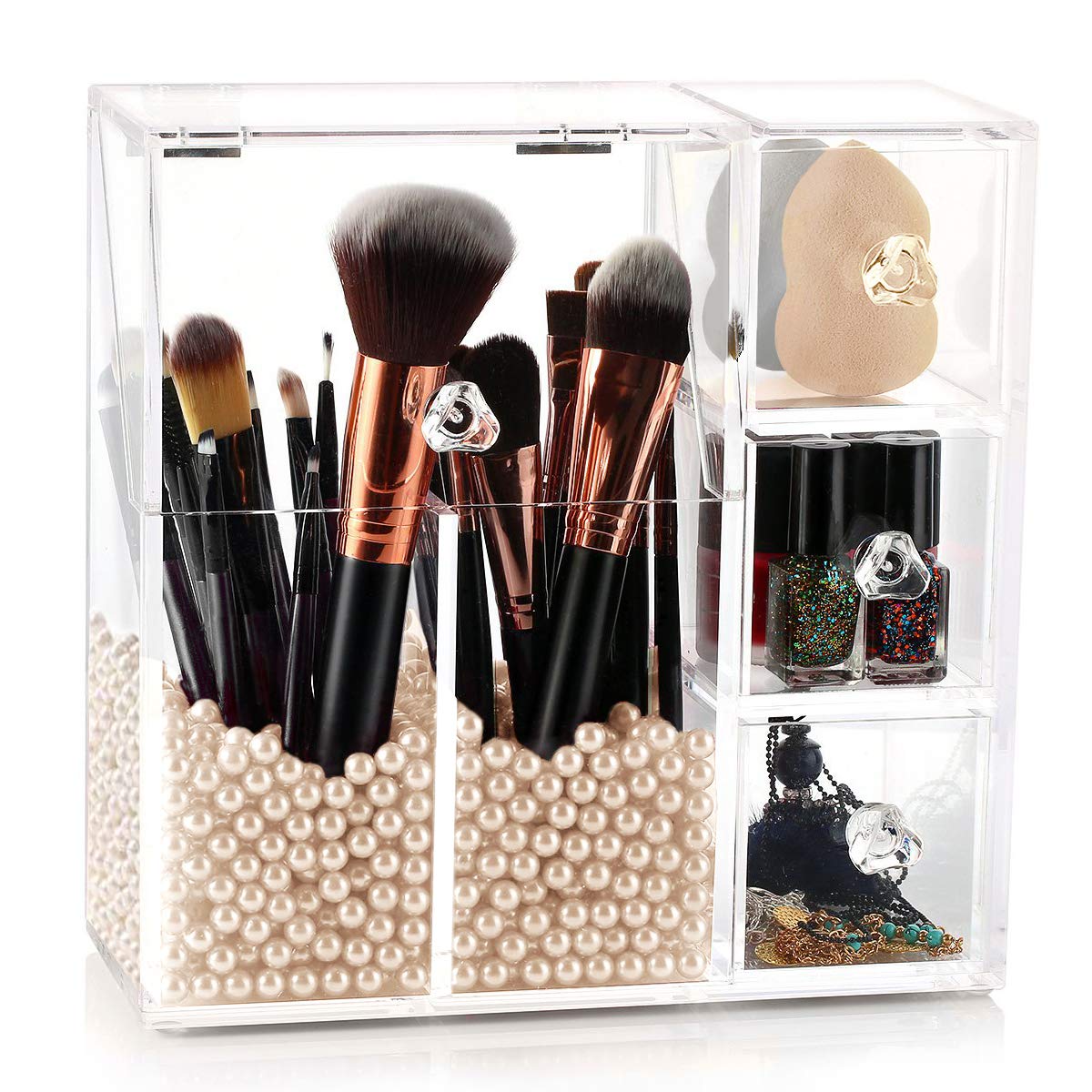 Photo 1 of HBlife Makeup Brush Holder, Acrylic Makeup Organizer with 2 Brush Holders and 3 Drawers Dustproof Box, Free Beige Pearl Included