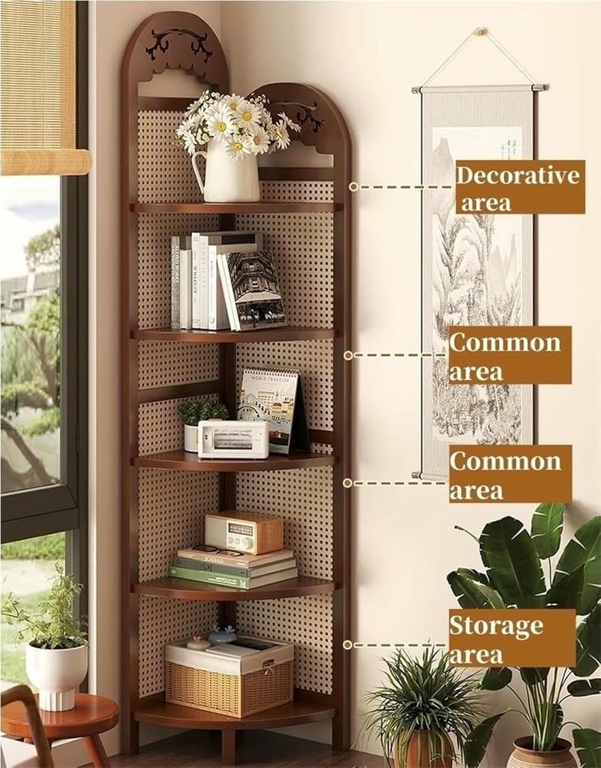 5-Tier Rattan Corner Shelf - Freestanding Bamboo & Wood Bookshelf, Boho Plant Stand Storage for Living Room, Stylish & Practical