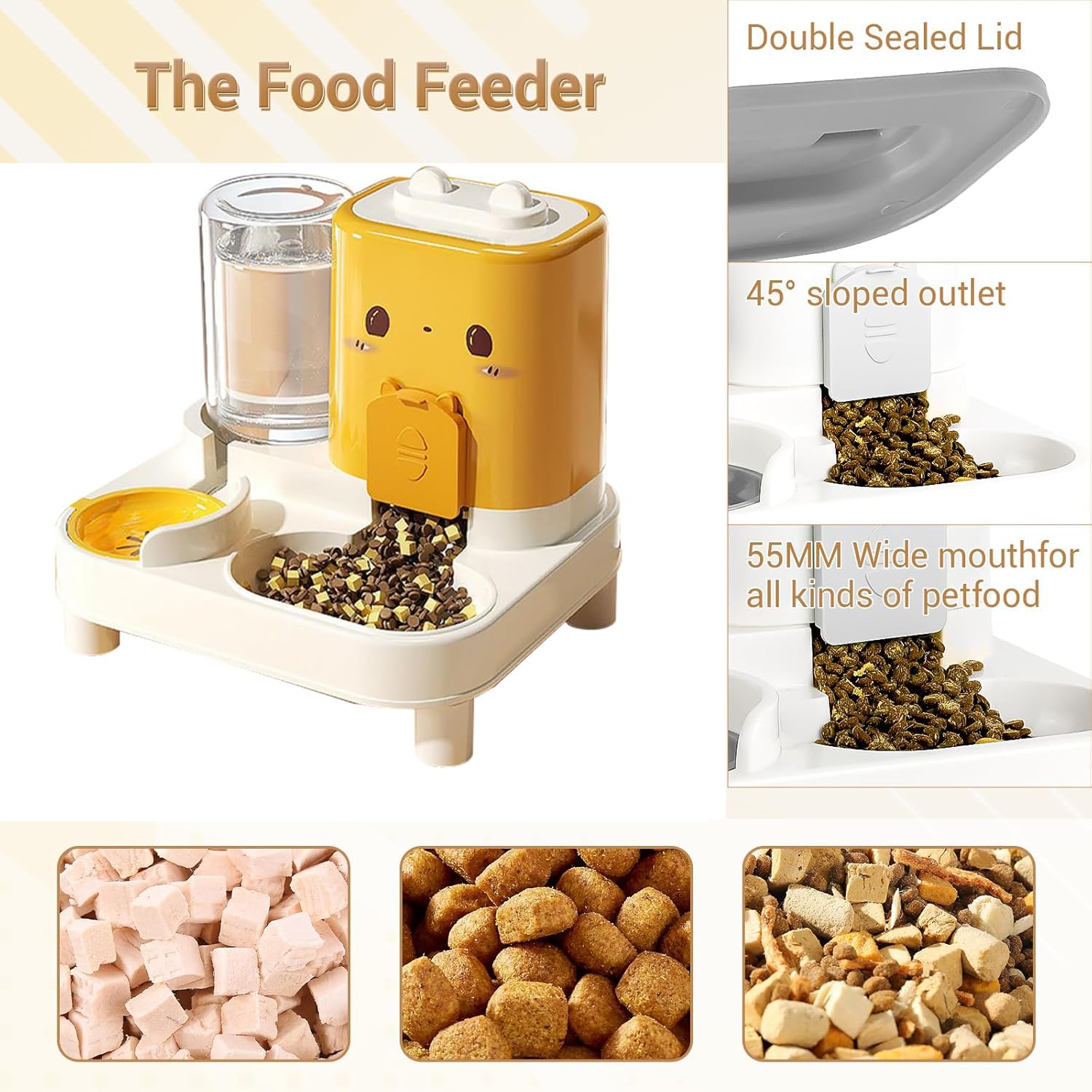 Wasserspender Futterspender für Katze und Hund, 2-In-1 Automatischer Trockenfutterspender, Automático Gravity Futterautomat Katze, Haustiere Futterstation, für Kleine Hunde Katzen (Gelb)