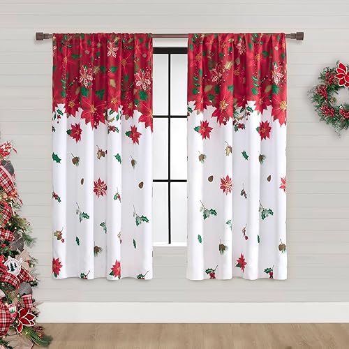 Miniatura 11 de SHINELAND Cortinas de cocina de Navidad, flor de pascua roja, cortina térmica corta para ventanas pequeñas, cortinas de Navidad para cocina, 45