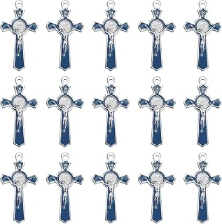 10Pcs Rosary Centre Saint Benedict Medal Crucifix Pendants Alloy Blue Enamel Big Jesus Cross Charms for DIY Necklace Bracelets Catholic Jewelry Making