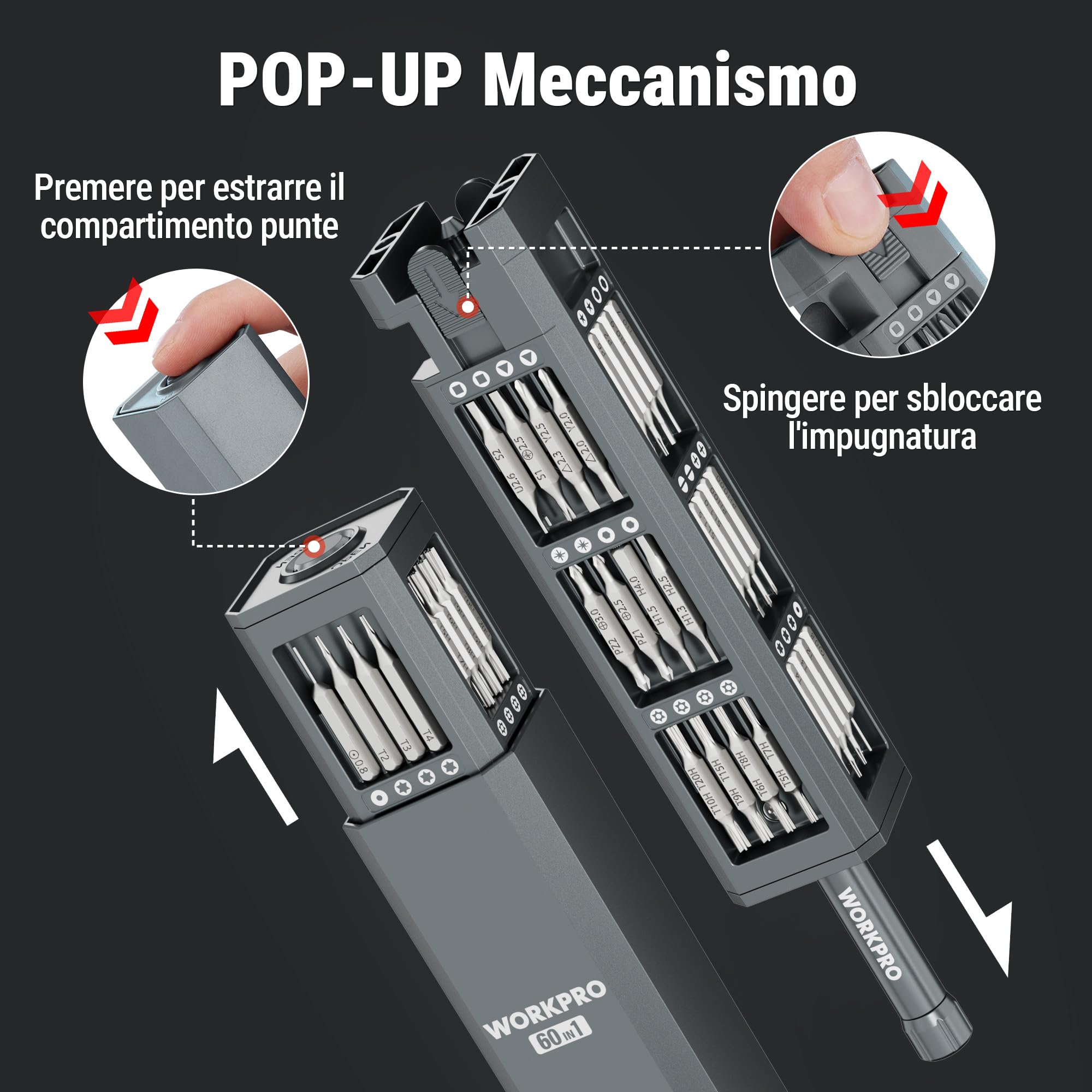 WORKPRO 60 IN 1 Set Cacciaviti Precisione Magnetico Portatile, Mini Cacciavite con Custodia Magnetica, POP UP Design, Barra di Leva, Pinzetta, Kit di Riparazione per Cellulare, Telecamera, Occhiali