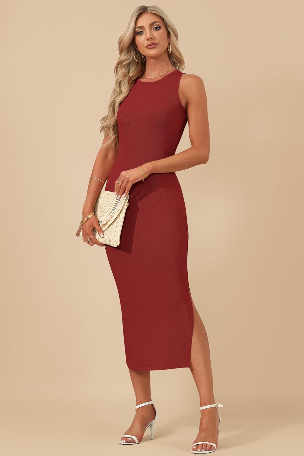 AUSELILY Womens Summer Bodycon Dresses 2026 Basic Casual Sleeveless Knit Tank Midi Dress - Image 4