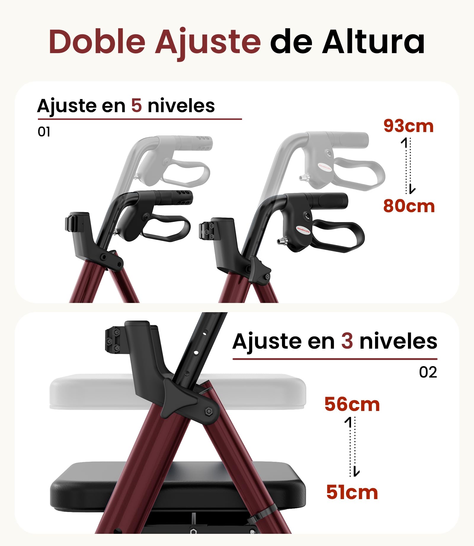 Andador para Ancianos con Asiento Plegable, Manillar y Asiento Regulables en Altura, Caminadores para Mayores, Ayuda para Caminar Ligera con Freno, Ruedas 8" Todoterreno, Rojo Oscuro