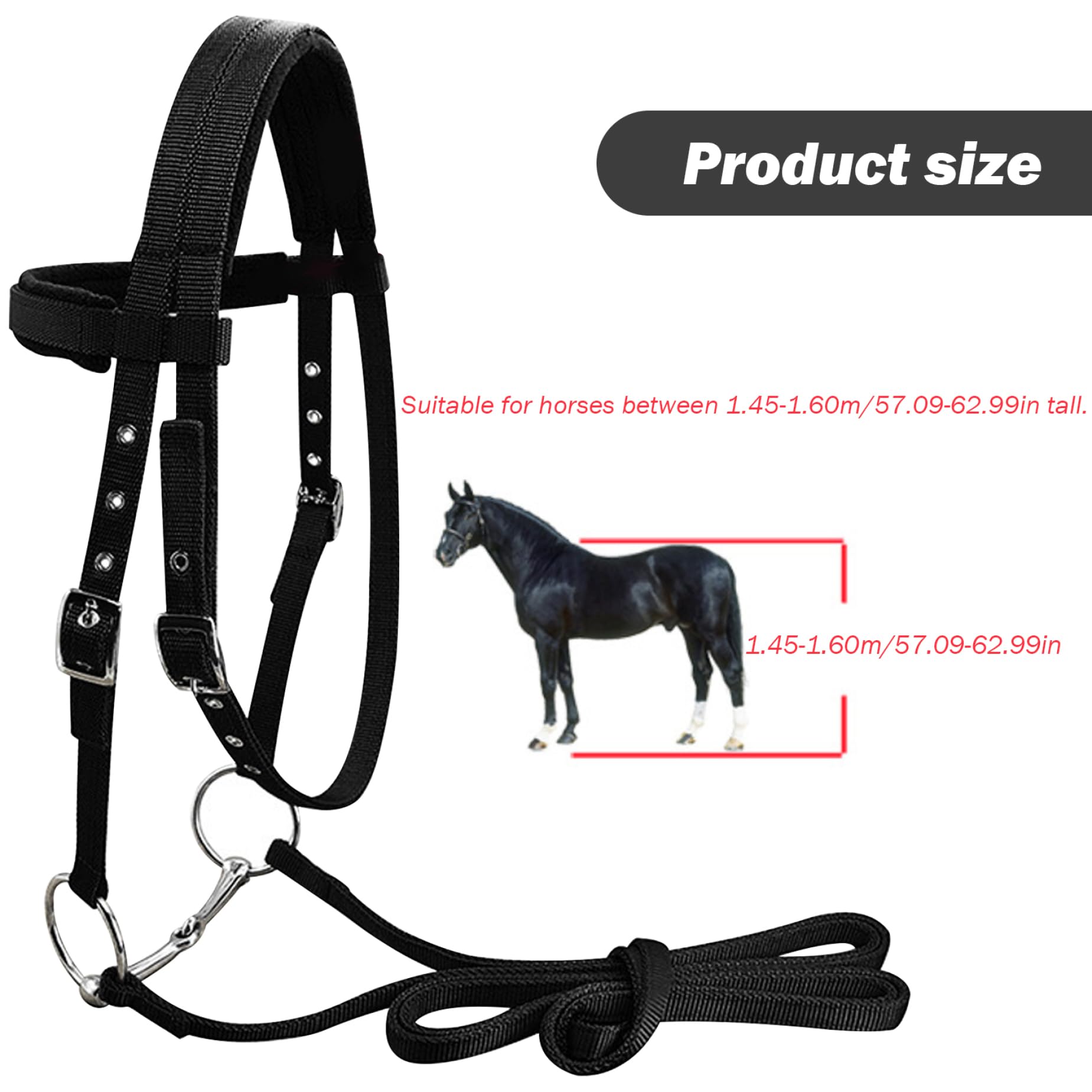 Cavezza per cavallo Cavezza regolabile spessa nera con hardware cromato Cavallo imbottito per da 1, 45 a 1, 6 metri/da ​​57 a 63 (grande)