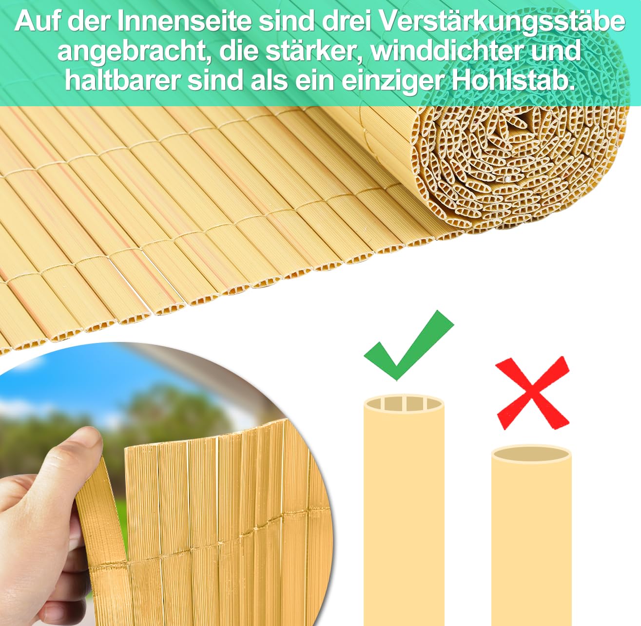 Mata maskująca z PCW, bambusowa ochrona przed prywatności, ogrodzenie ogrodowe, balkonowe, odporna na działanie promieni UV, do ogrodu, na basen, balkon, 120 x 400 cm, bambusa