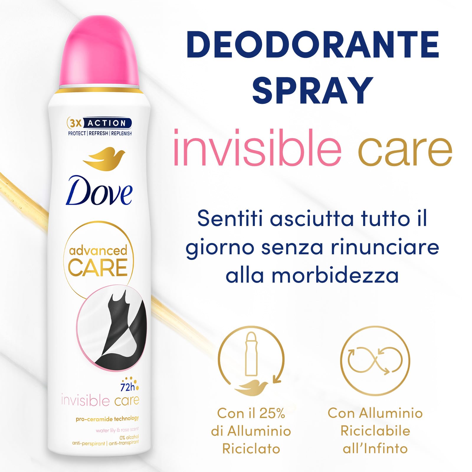 Dove Deodorante Spray Advanced Care Invisible Care, con Formula Idratante e Delicata sulla Pelle, Formula Anti-macchia, Pelle Asciutta Fino a 72 Ore, Deodorante Uomo e Donna, 6 Pezzi da 150ml