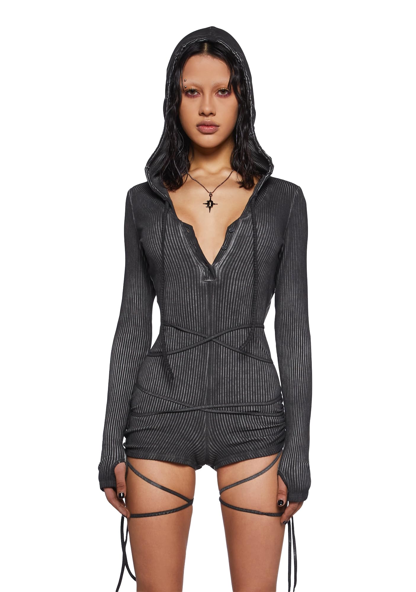 Dolls Kill Crossfade Hooded Romper by DARKER WAVS – Ribbed Jersey, Button-Up Front, and Ruched Sides