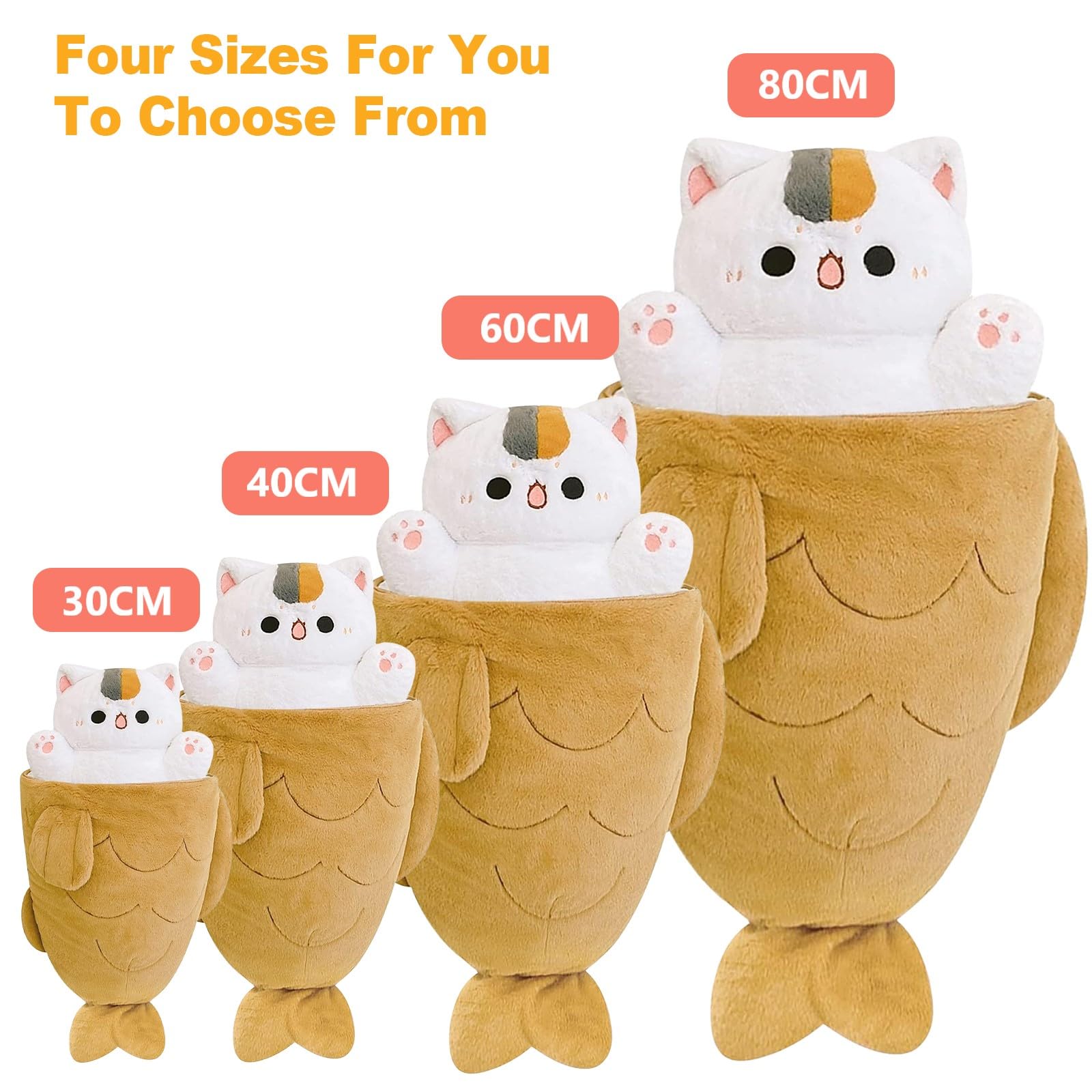 shownicer Peluche gato peluche gatito pez 2 en 1 de peluche Kawaii gato cojín de peluche juguete cojín de lanzamiento regalo para niños niñas 3+ años (80 cm)