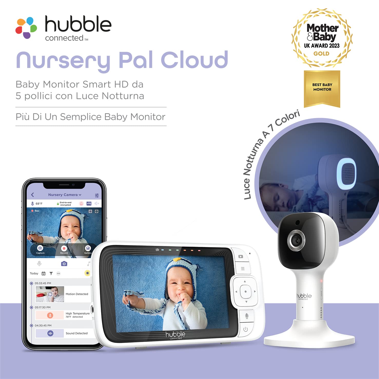 Hubble Connected Nursery Pal Cloud Baby Monitor Video e Audio, Schermo da 5 pollici, luce notturna, visione notturna, conversazione bidirezionale, sensore di temperatura ambiente e app per smartphone