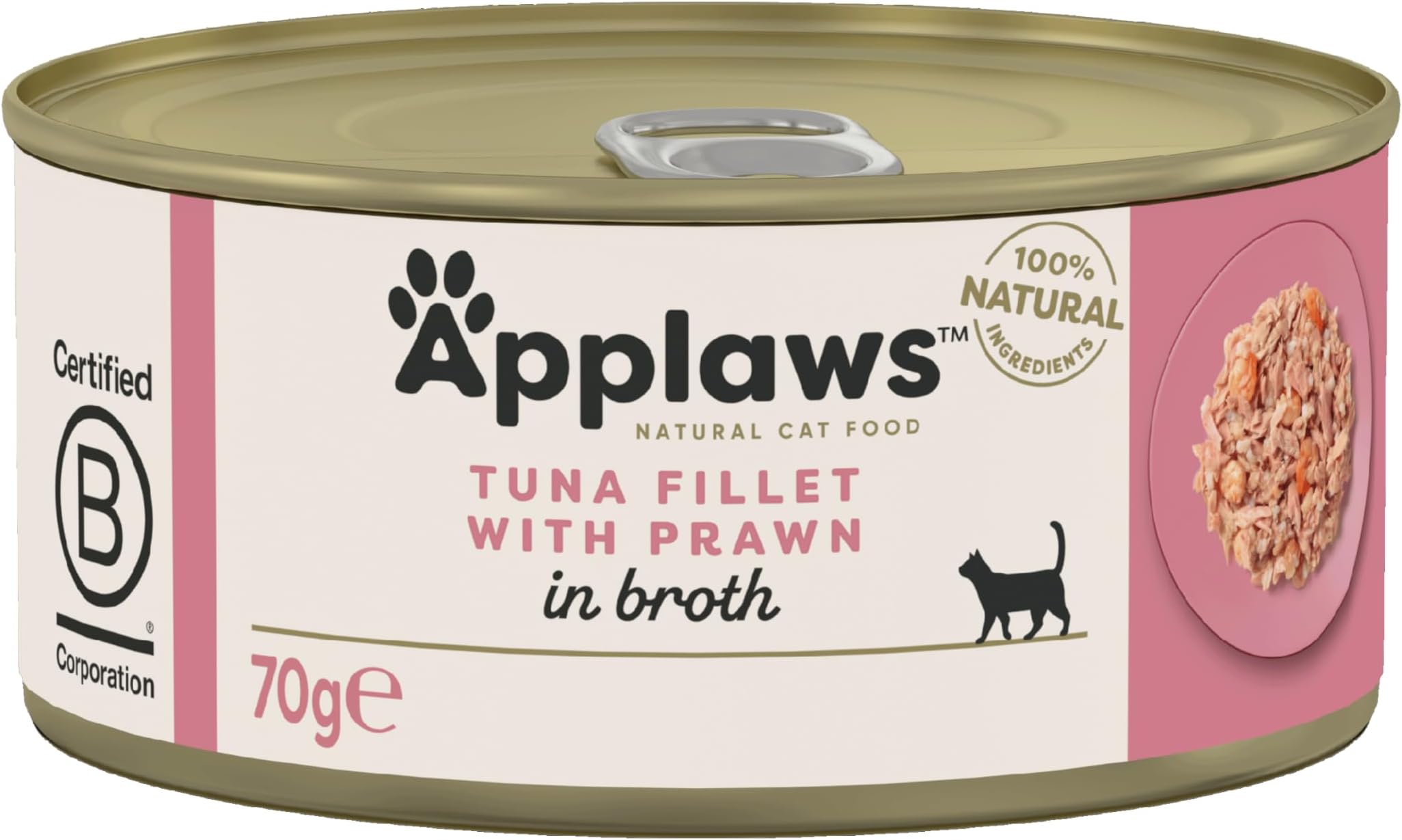 100% Natural Wet Cat Food Tins, Tuna Fillet with Prawn in Broth 70 g for Adult Cats (24 x 70 g Tins)
