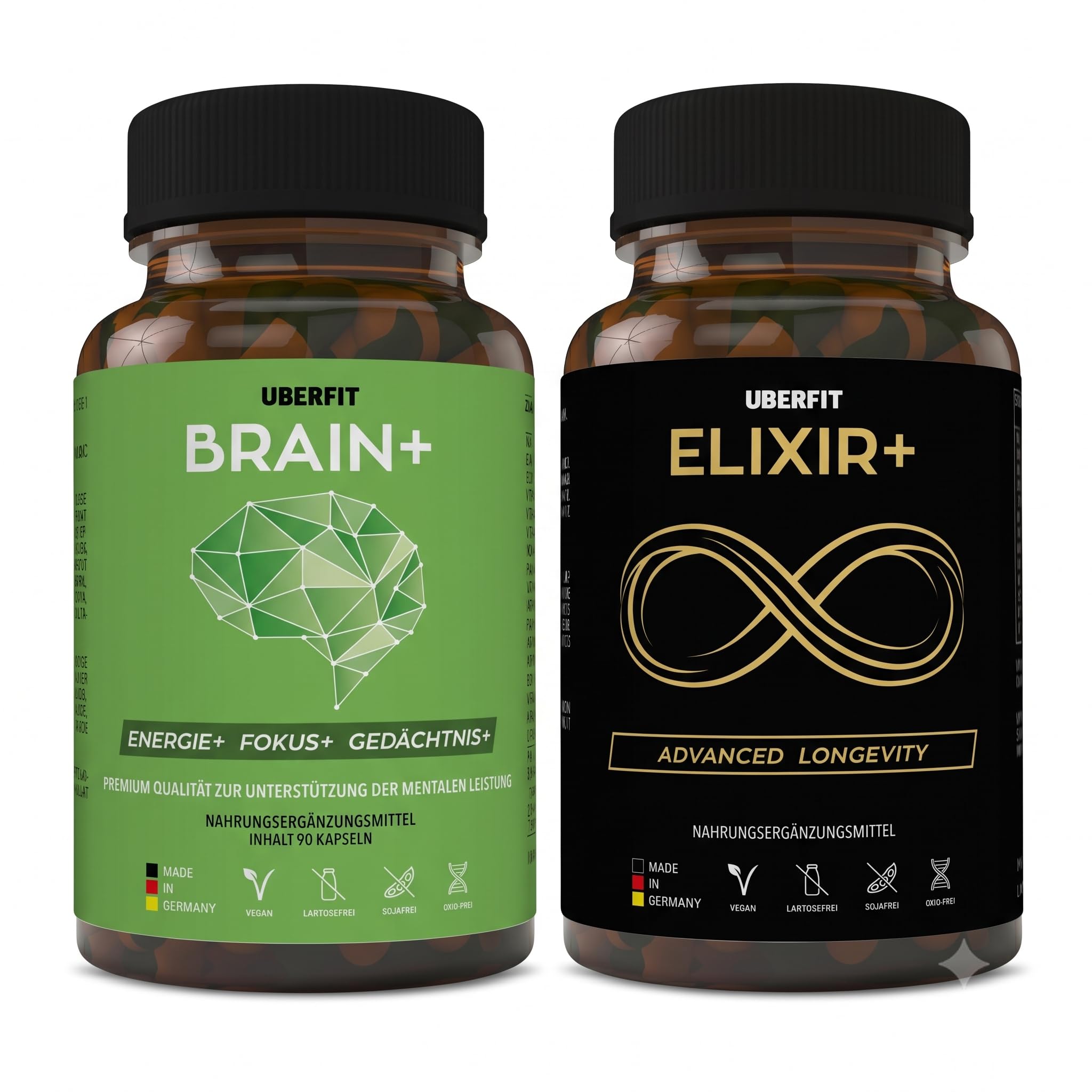 BRAIN+ & ELIXIR+ Bundle – Fokus & Longevity Duo | Vitamin B5, B12, Cholin, Ginkgo + Resveratrol, NADH, Omega-3 & Q10 – 2x 90 vegane Kapseln, Made in Germany
