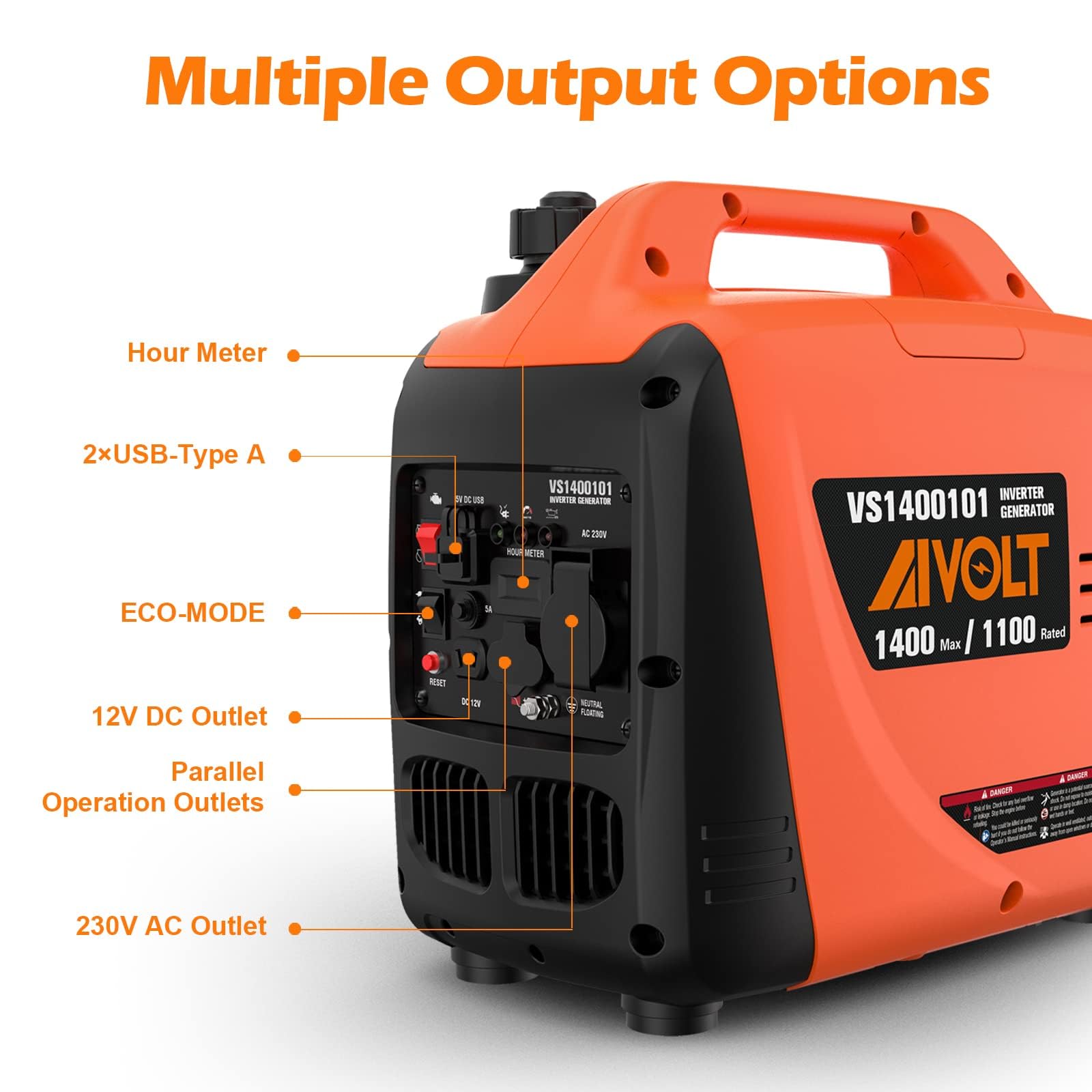 AIVOLT Groupe Électrogène d'essence 1400W Générateur d'onduleur Silencieux avec Prises AC 230V/DC 12V/USB Type-A et Réservoir de 2,5 L Générateur Léger Portable pour Camping Extérieur