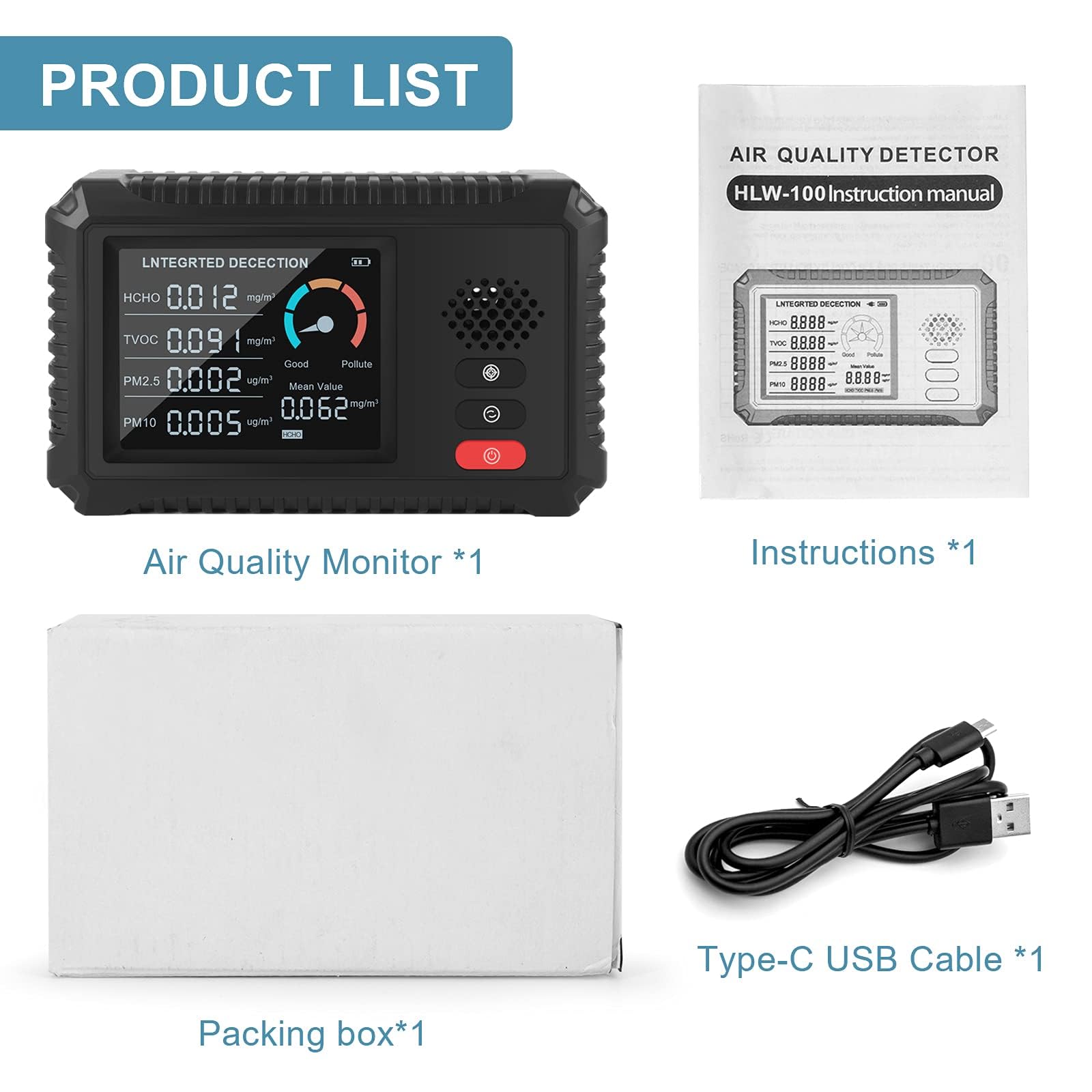 Appareil numérique de Mesure de la qualité de l'air, TVOC et HCHO, détecteur Particules Fines (PM1.0, PM2.5 et PM10), Affichage LED, Moniteur Portable de détection de la Pollution dans l'air