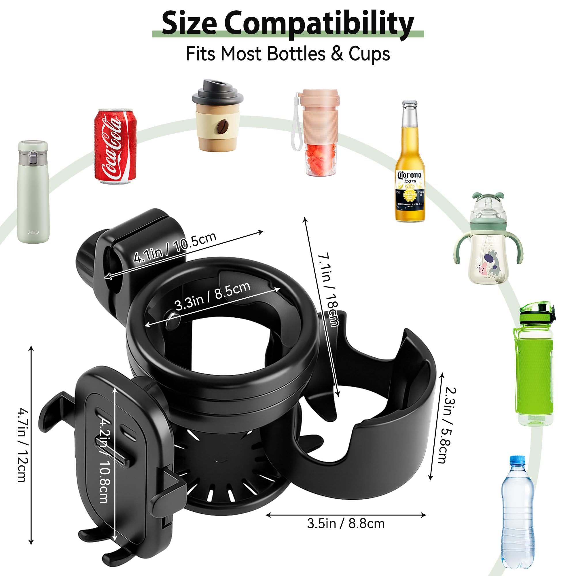 Portavasos Carrito Bebé 3 en 1, Soporte para Biberón con Soporte para Móvil - Portavasos Universal Giratorio 360° para Coches de Bebé, Bicicletas, Sillas de Ruedas - Práctico Regalo para Bebés