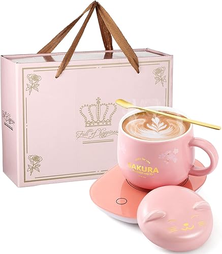 Calentador de taza de café con taza para mujer, calentador eléctrico de taza de café con control de temperatura, de cerámica, lindo gato, calentador