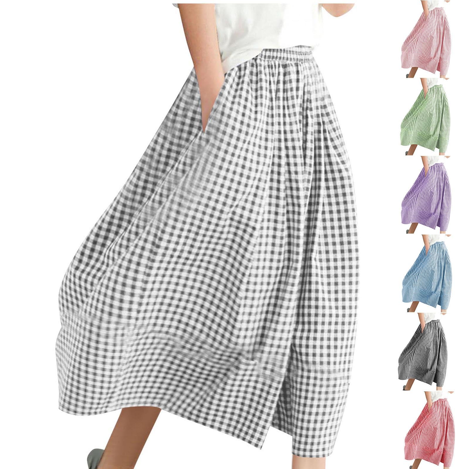 Capri Pants for Women Wide Leg Culottes Gingham Casual Summer Elastic Waist Plaid Palazzo Trousers Bottoms with Pockets