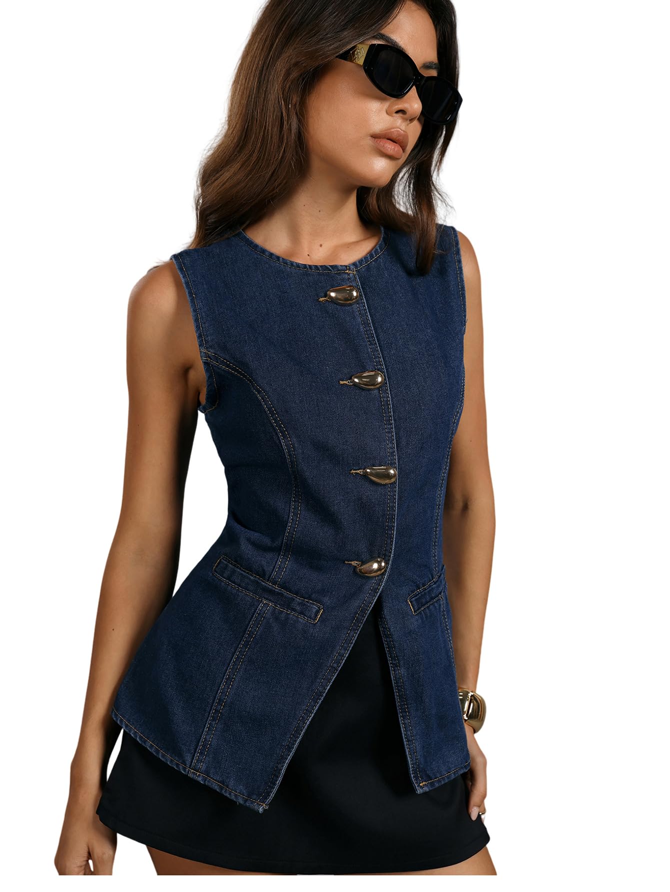Womens Button Up Denim Vest Summer Crew Neck Sleeveless Vintage Jean Tops