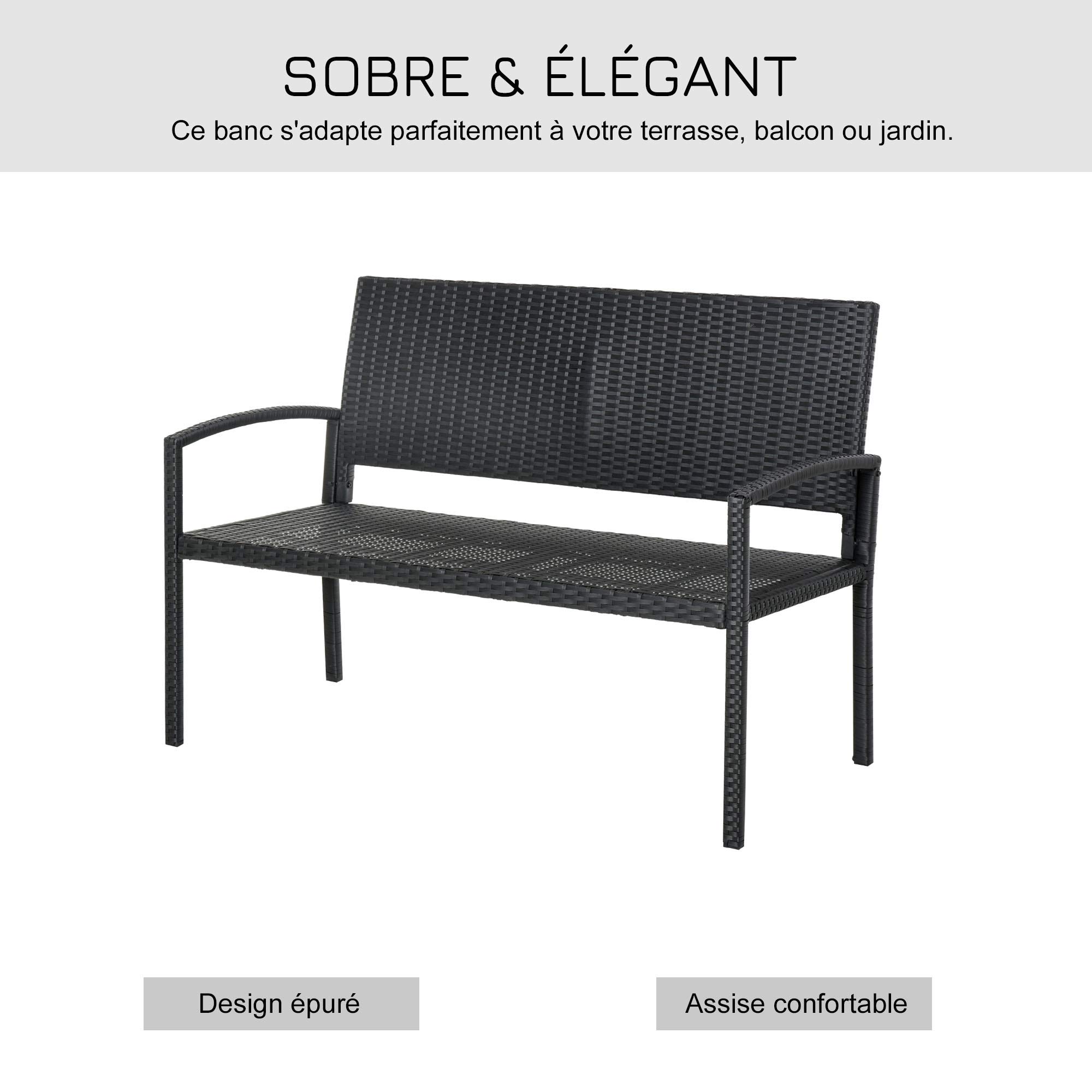Outsunny Banc de Jardin 2 Places Style Cosy Chic résine tressée 4 Fils Imitation rotin Noir | Résine Tressée 4 Fils
