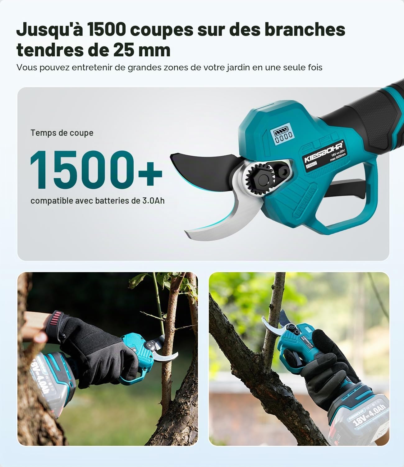 Sécateur Sans Fil 25mm,pour Makita 18V (sans batterie) | Coupe 25 mm / 15 mm, Moteur sans balais 150N. Sécurité 2 étapes + verrouillage auto 30s, Lame de rechange incluse