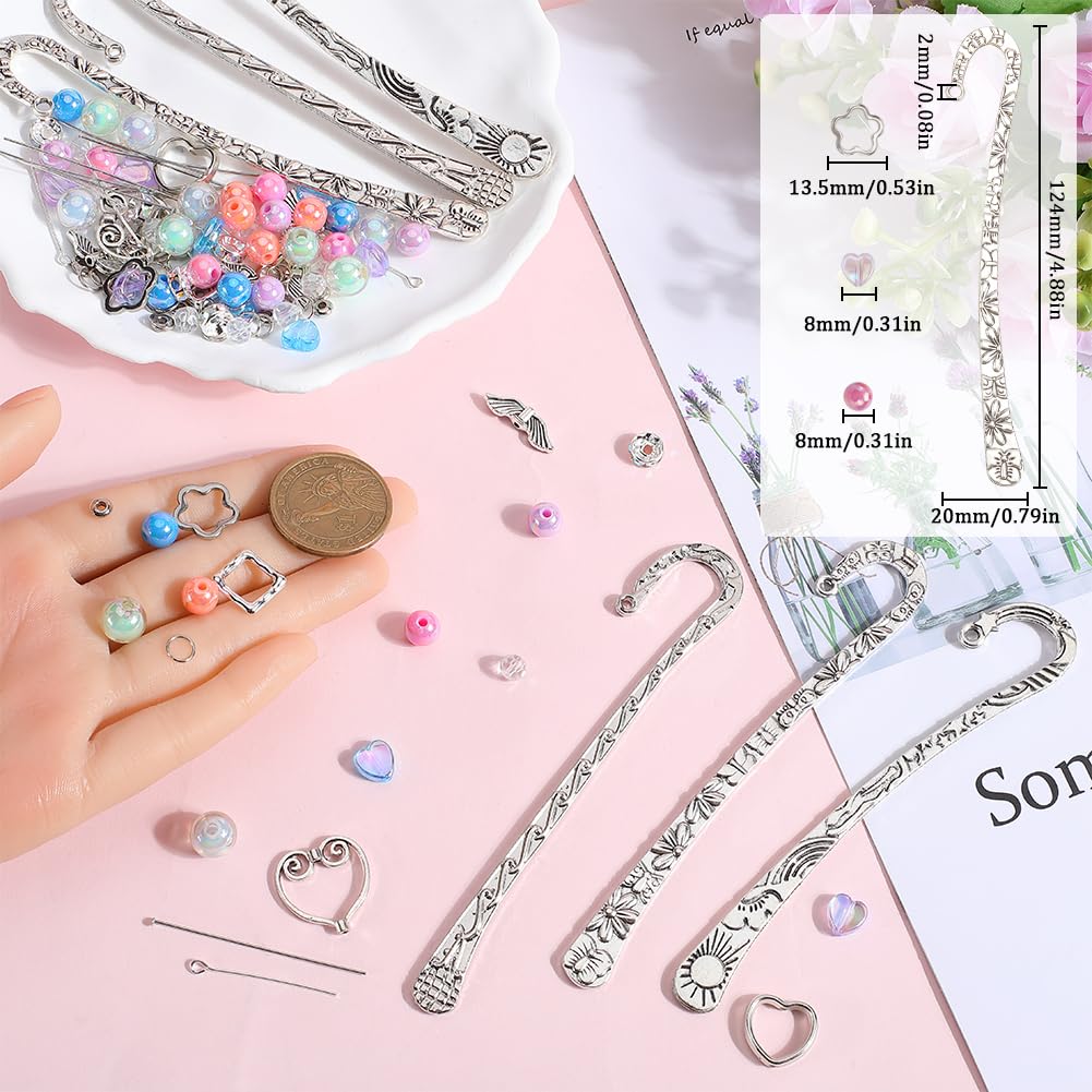 SUNNYCLUE 1 Box Sets Metal Bookmark Making Book Mark Making Kits Antique Tibetan Style Alloy Hallow Flowers Frames Round Acrylic Beads Bookmarks Kit for Diy Book Mark Making Gift Supplies - Image 3