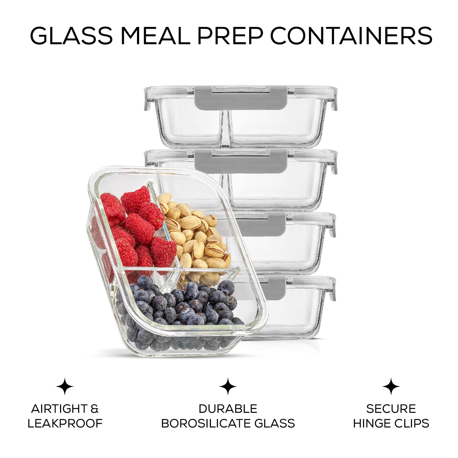 JoyJolt Recipientes de almacenamiento de alimentos divididos con tapas herméticas. Paquete de 5 recipientes de vidrio para preparación de comidas, juego de 3 compartimentos, caja bento de vidrio.