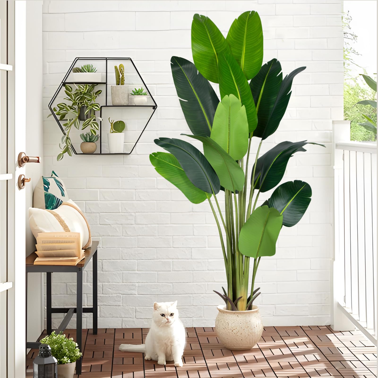 Artificial Bird of Paradise Plant 7Ft Fake Tropical Palm Tree with 17Trunks Faux Banana Leaf Trees in Pot for Home Indoor Outdoor Office Modern Decor