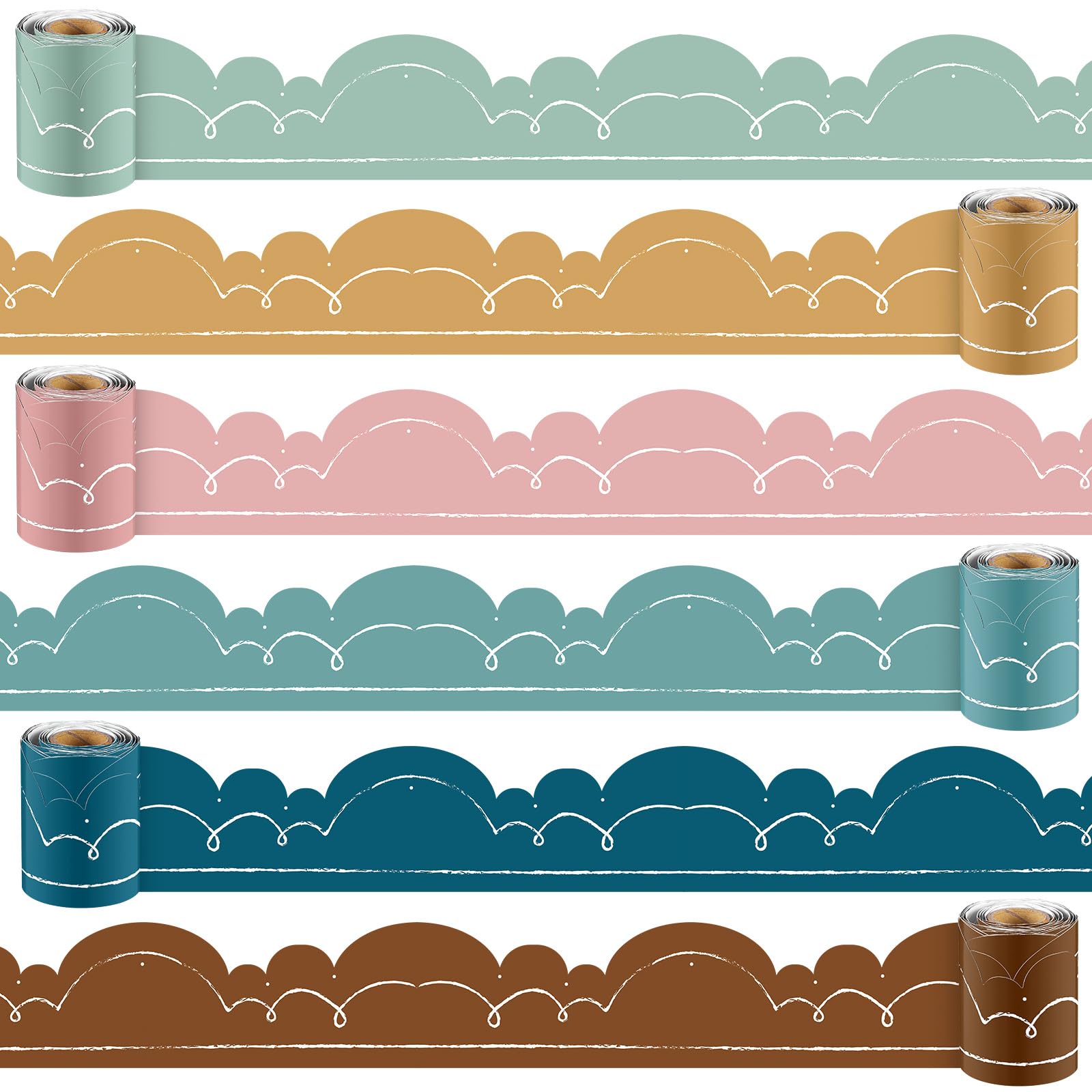Glenmal 6 Rolls 197 ft Boho Bulletin Board Borders Boho Squiggles Scalloped Classroom Borders Trim for Back to School Classroom Home Chalkboard Wall Decor