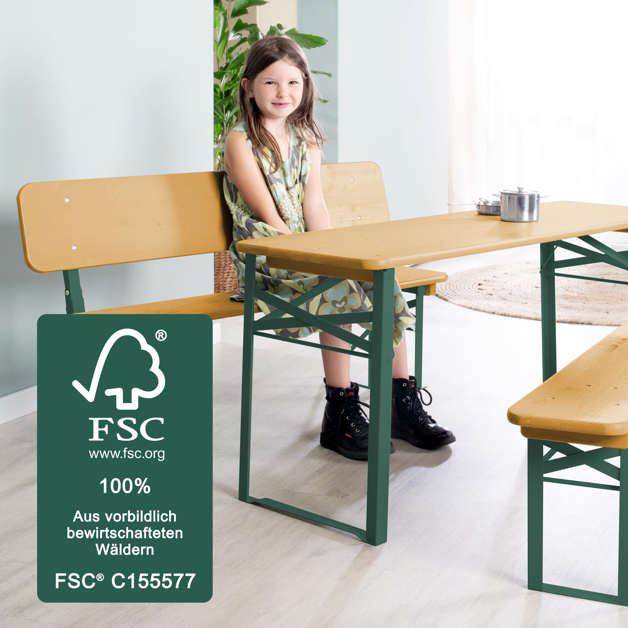 roba Outdoor Party-Garnitur für Kinder - Kindersitzgruppe mit Lehne aus FSC zertifiziertem Holz - 2 Bänke + 1 Tisch - Klappbare Sitzmöbel ab 24 Monaten - Natur/Grün
