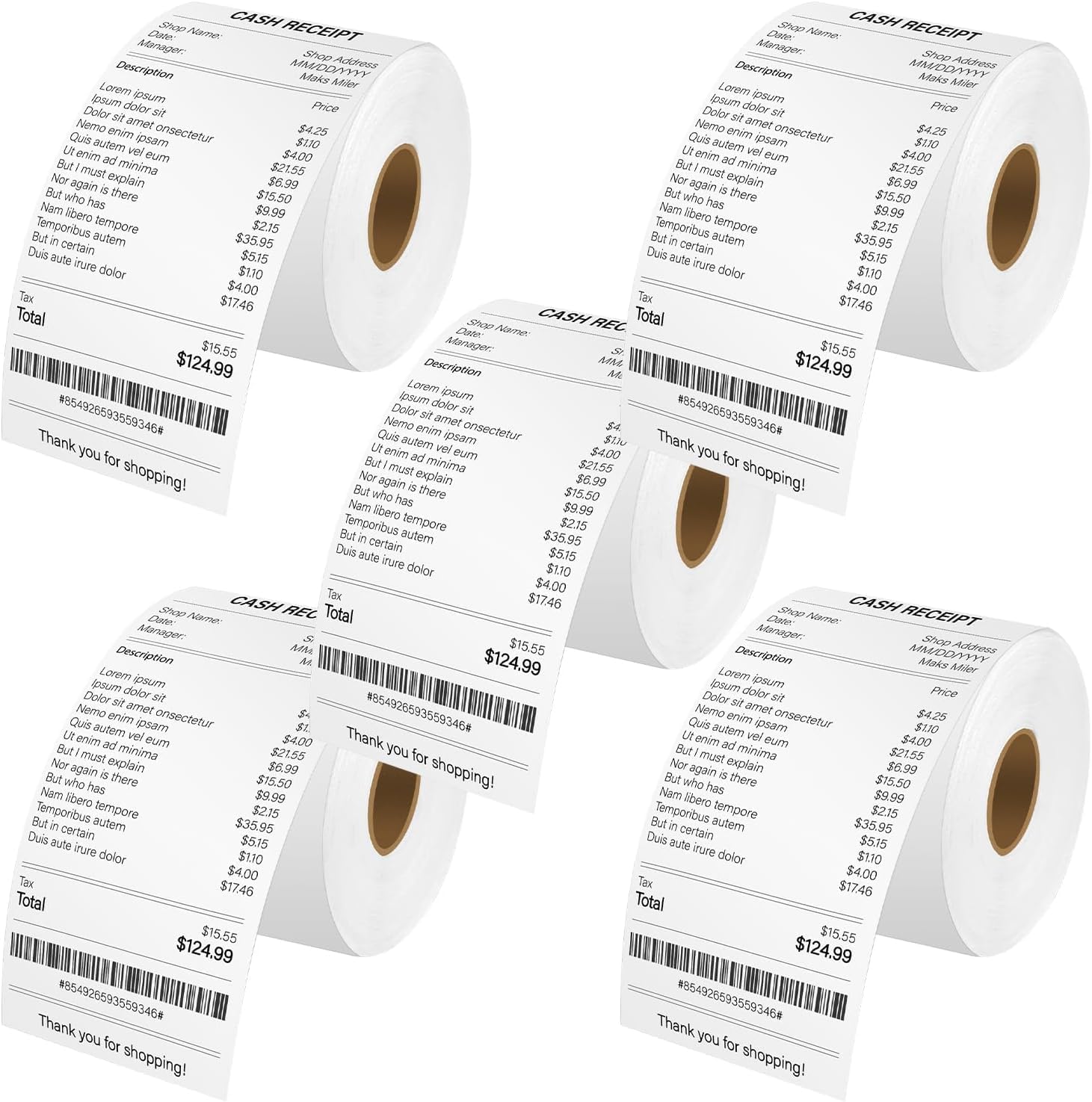 Cruxer 5 Roll Continuous Receipt Roll Paper Compatible for Dymo 30270 A30270 2-1/4" x 249ft (57mm x 76m) Non-Adhesive White Thermal for Label Writer 300 310 320 330 400 Duo 450 Twin Turbo Printer