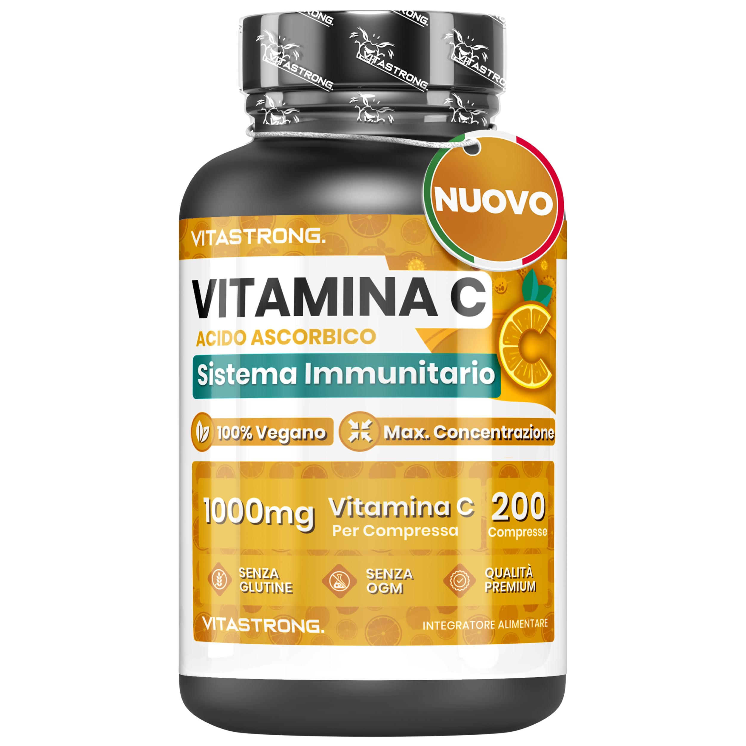 Vitamina C 1000mg Lento Rilascio, 200 Compresse 100% Vegan (1 al Giorno/​6+ Mesi), Integratore Vitamina C Pura Acido Ascorbico per Sistema Immunitario, Ossa, Pelle, Stanchezza, Formazione di Collagene