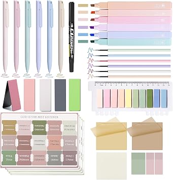 36Pcs Bible Journaling Kit,Bible Study Supplies with 6pcs Highlighters No Bleed,75 Laminated Tabs,5 Magnetic Bookmarks,500 Sticky Notes,6 Color Pens with Refills,Bible Journaling Supplies for Women