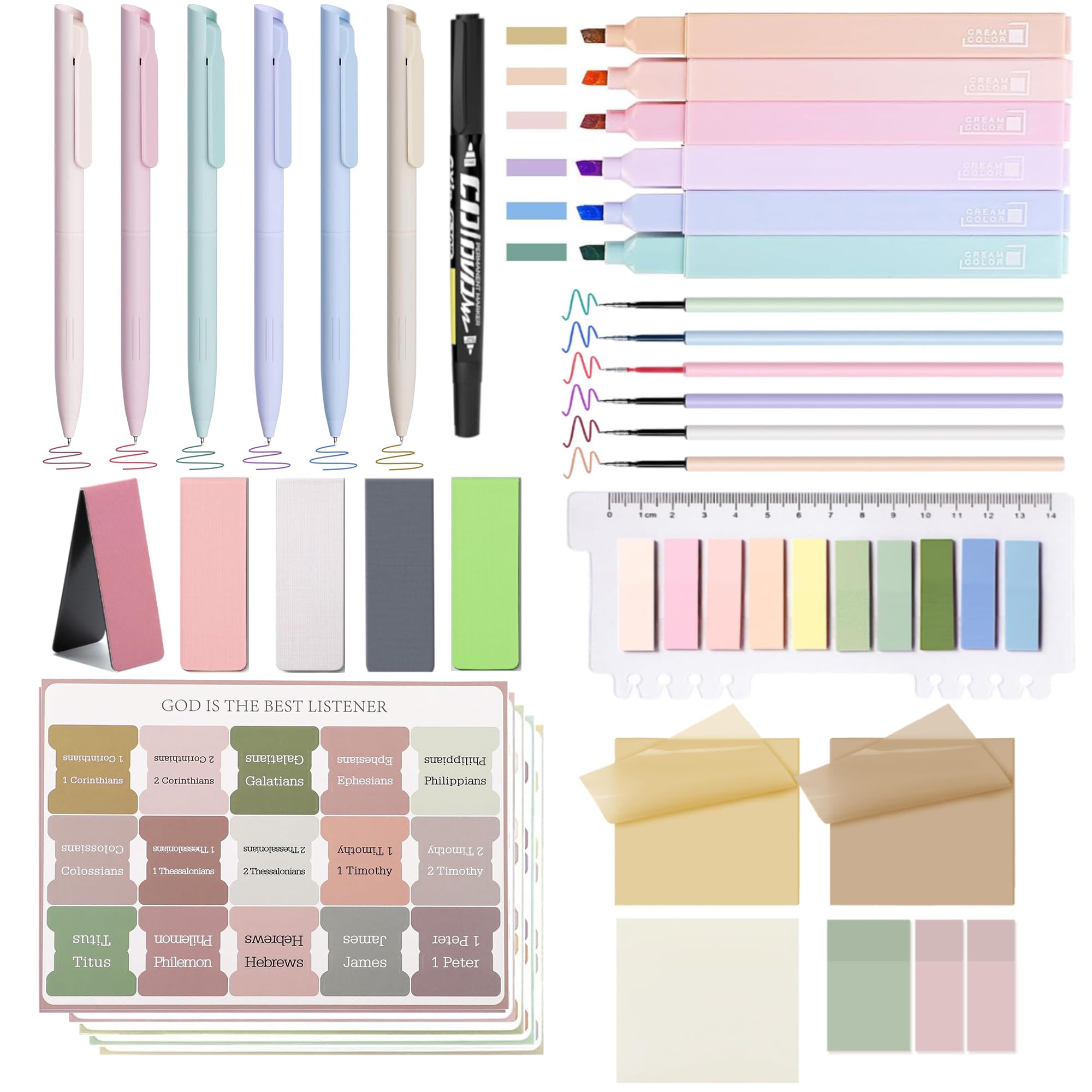 36Pcs Bible Journaling Kit,Bible Study Supplies with 6pcs Highlighters No Bleed,75 Laminated Tabs,5 Magnetic Bookmarks,500 Sticky Notes,6 Color Pens