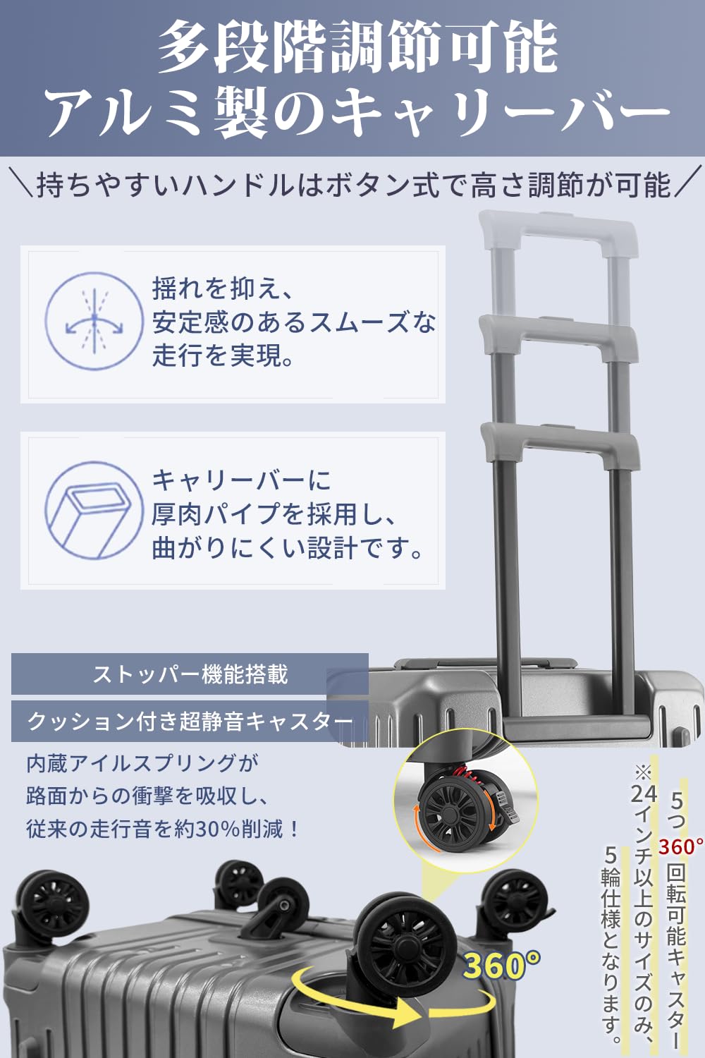 [Yuweijie] [2026 スーツケース キャリーケース 片開き 拡張機能付き ストッパー付き キャリーバッグ 多機能 携帯スタンド カップホルダー付き 隠しフック機能 超軽量 静音 360度回転 旅行 ビジネス 出張 Mサイズ/（5～8泊/90Ｌ） - 5