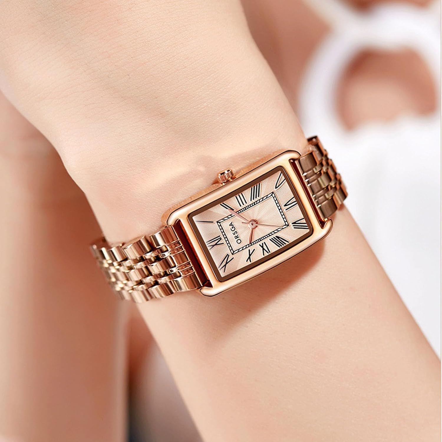 Gold Watch for Women, Rectangular Case, Roman Dial, Stainless Steel Bracelet Watches, Water Resistant, Easy Reader Ladies Quartz Wristwatch, Bracelet Adjustment Tool Included - Image 2