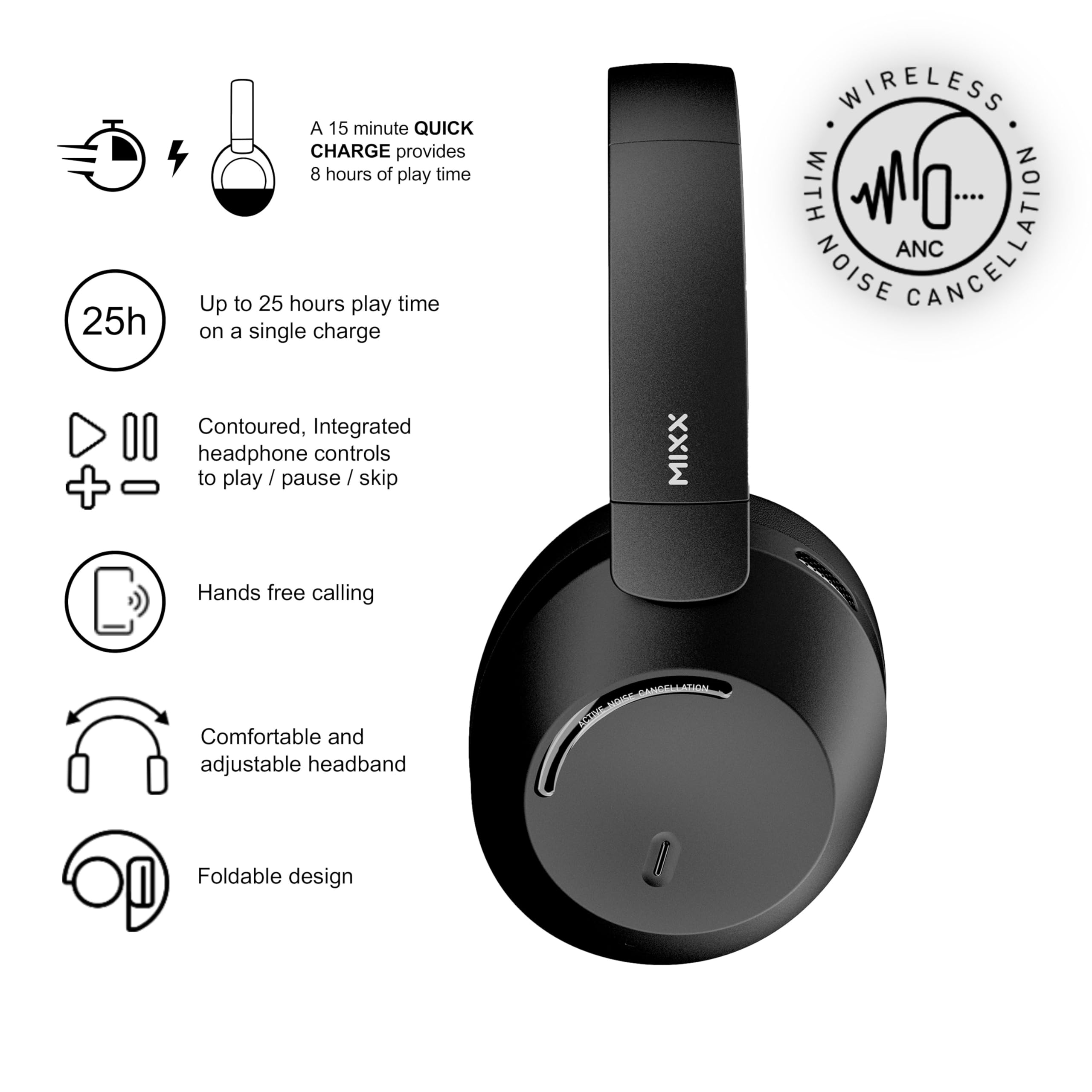 MIXX StreamQ C4 - Wireless Noise Cancelling Headphones with 40-Hour Battery Life and Transparent Mode - Foldable Over-Ear Design (Black)