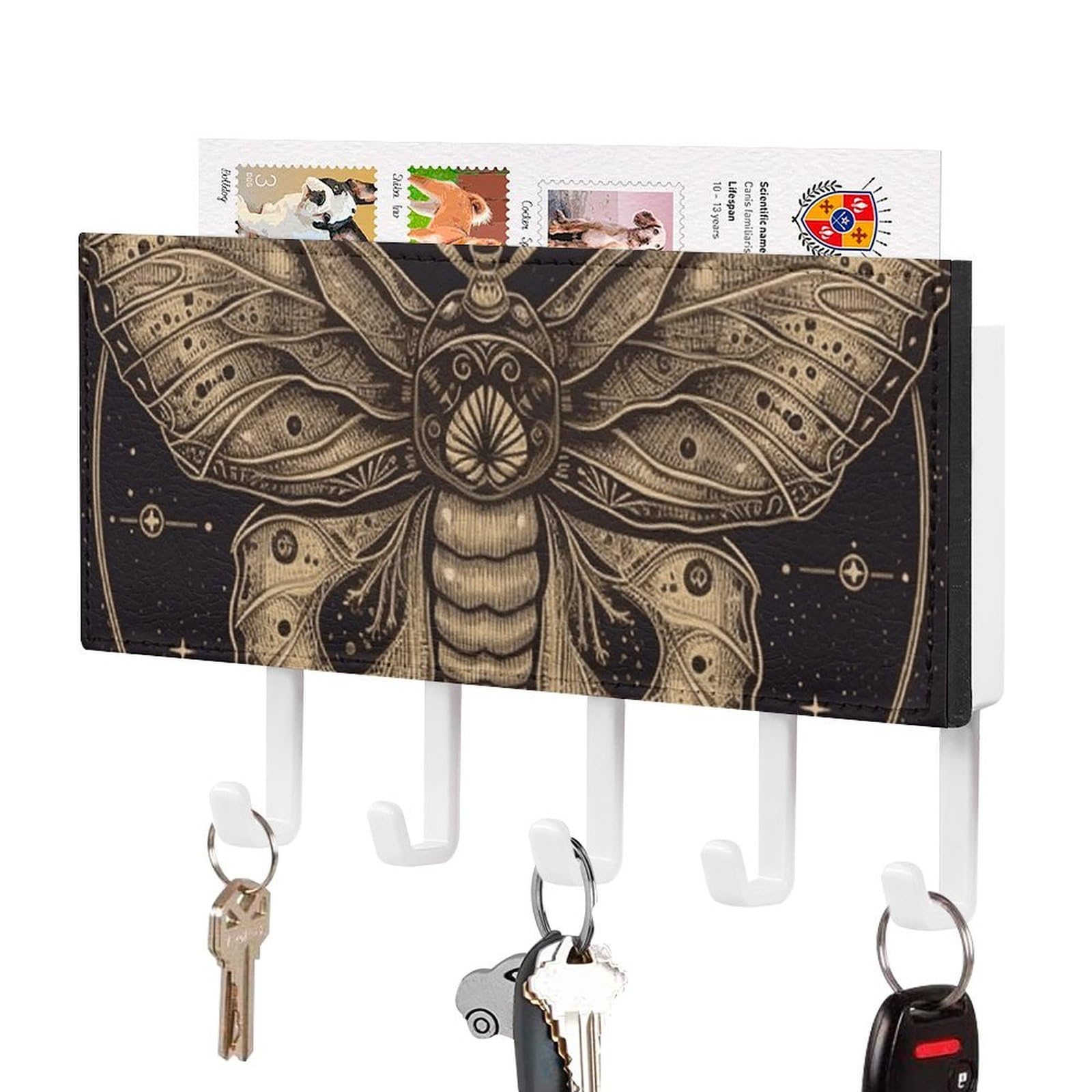 DWVTSLH Moth Key Holder for Wall, Decorative Key Hooks with Mail Organizer & 5 Hooks, Self Adhesive Leather Key Hanger for Entryway, Wall Mounted Key Rack (7.1” X 4.3” X 0.9”)