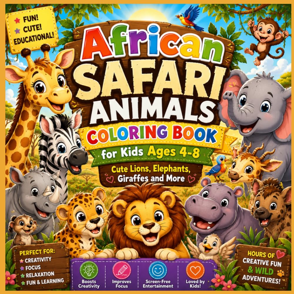African Safari Animals Coloring Book for Kids Ages 4-8: Cute Lions, Elephants, Giraffes and More