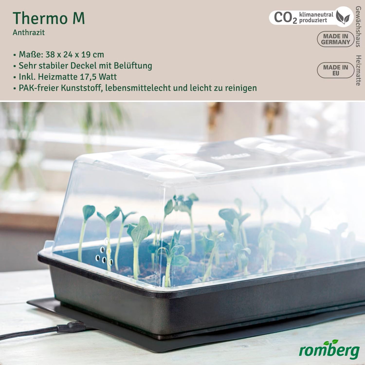 Romberg Thermo M Serre avec Tapis Chauffant, Couleur Anthracite, gouttières d'eau, Curseur dans la Maison,