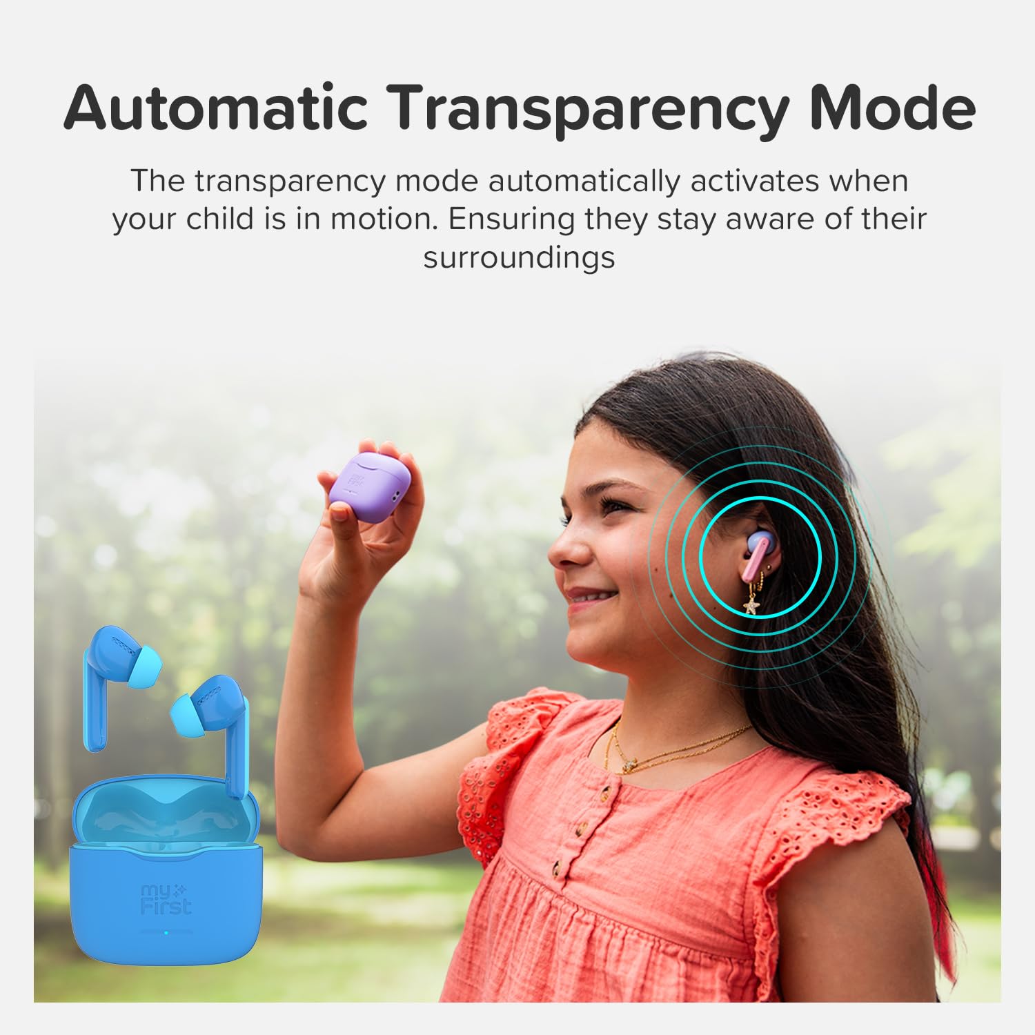 Oaxis myFirst CareBuds - I primi auricolari stereo senza fili veri del mondo per ragazzi e ragazze, cuffie sicure per bambini con trasparenza intelligente, volume massimo 85 dB (blu)