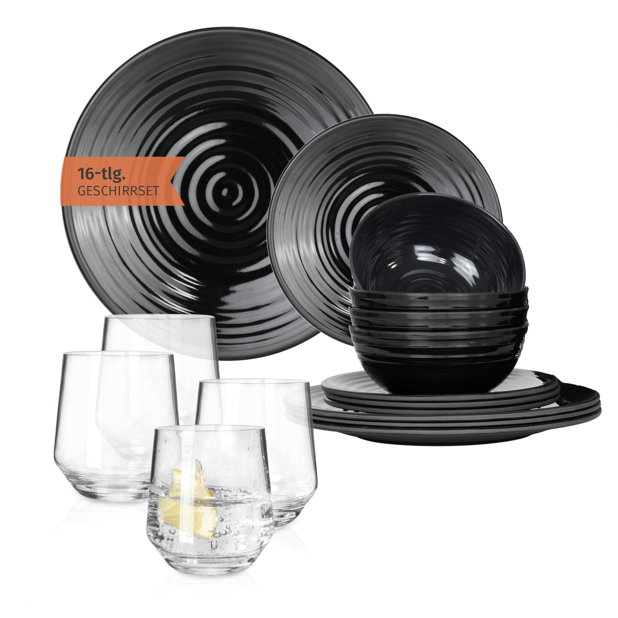 Vajilla de melamina para camping, 4 personas, color negro oscuro + 4 vasos Milano, vajilla de pícnic, barbacoa