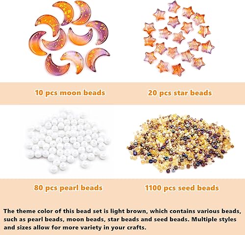 Miniatura 3 de Cuentas para hacer joyas, kit de 1200 piezas de acrílico marrón claro, incluye estrella, luna, perla, semillas y cuentas espaciadoras sueltas para